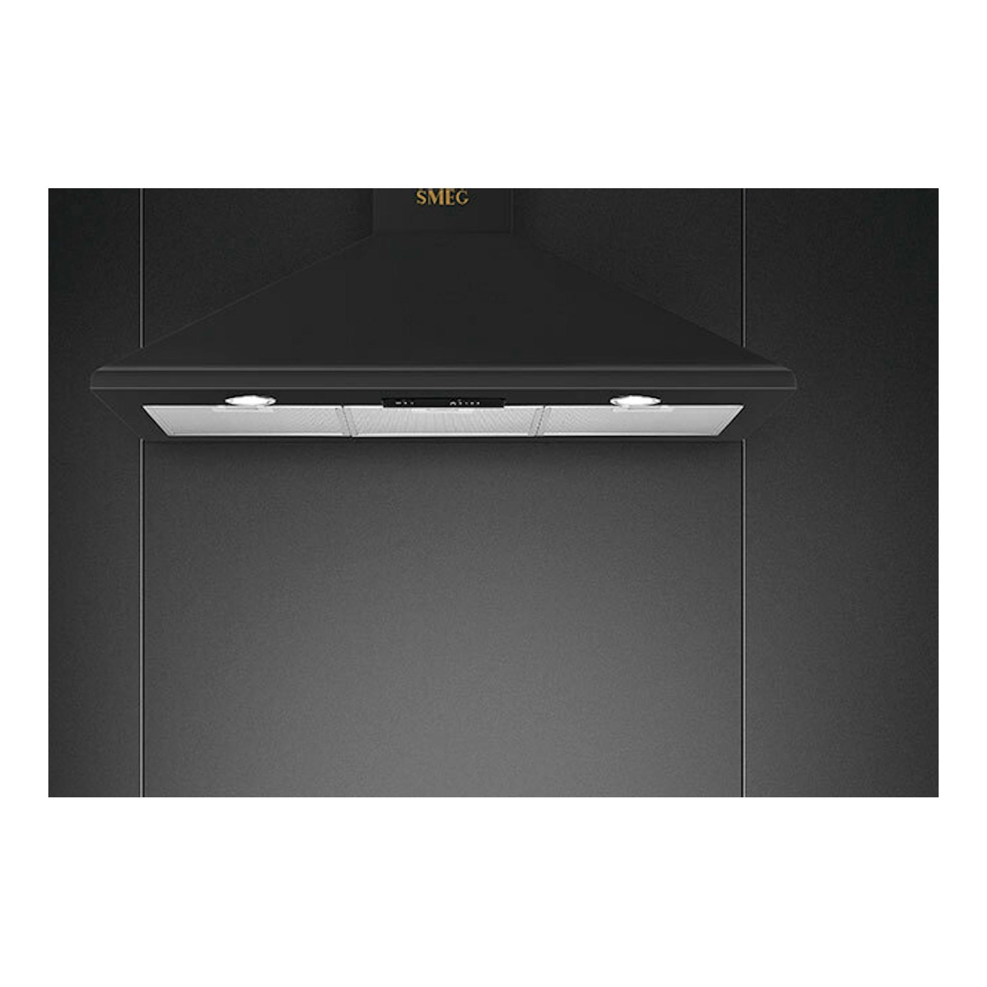 Campana decorativa Smeg KSED95COA antracita, vista frontal, con iluminación inferior.