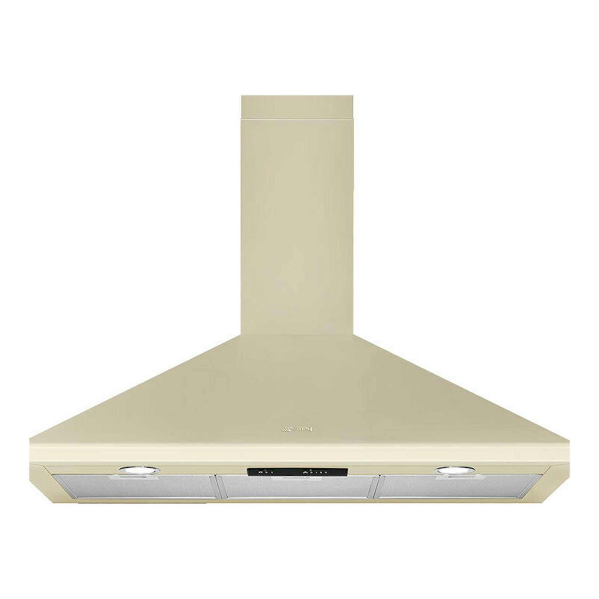 Campana decorativa Smeg KSED95PE crema, vista frontal, con chimenea y filtros metálicos.