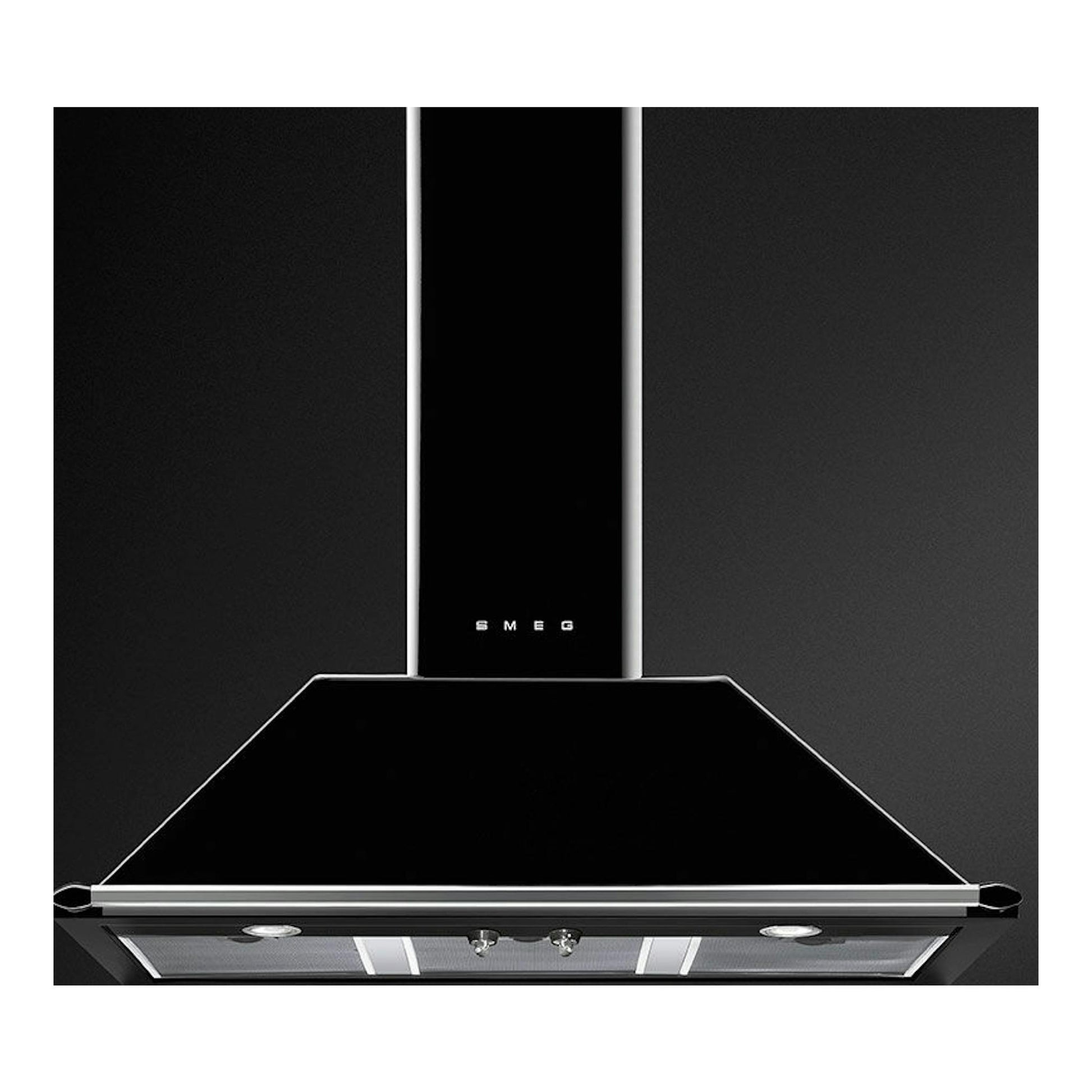 Campana decorativa Smeg KT100BLE negra, vista frontal, con chimenea central y panel inferior metálico.