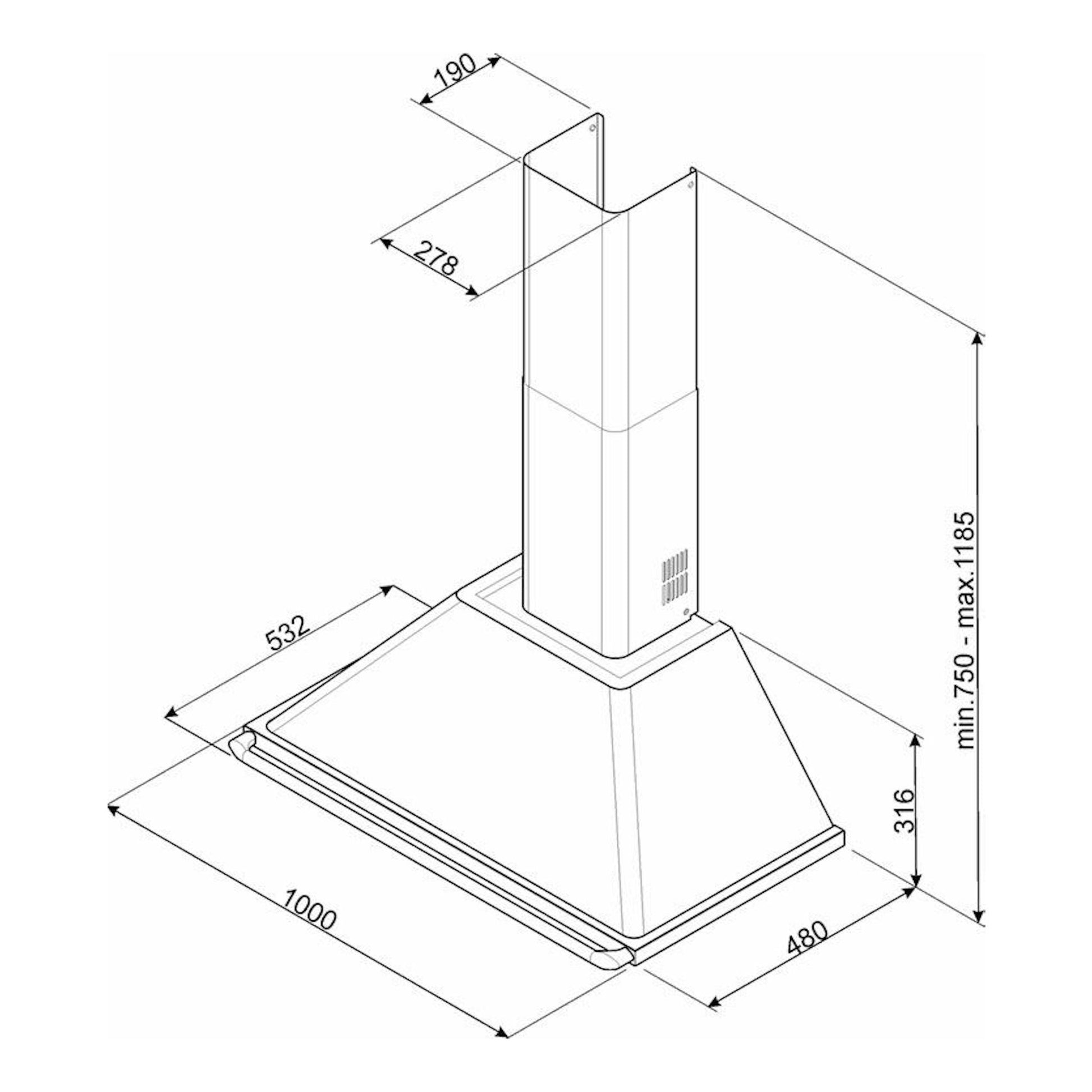 Dibujo técnico en perspectiva de campana decorativa Smeg KT100GRE gris, con medidas.