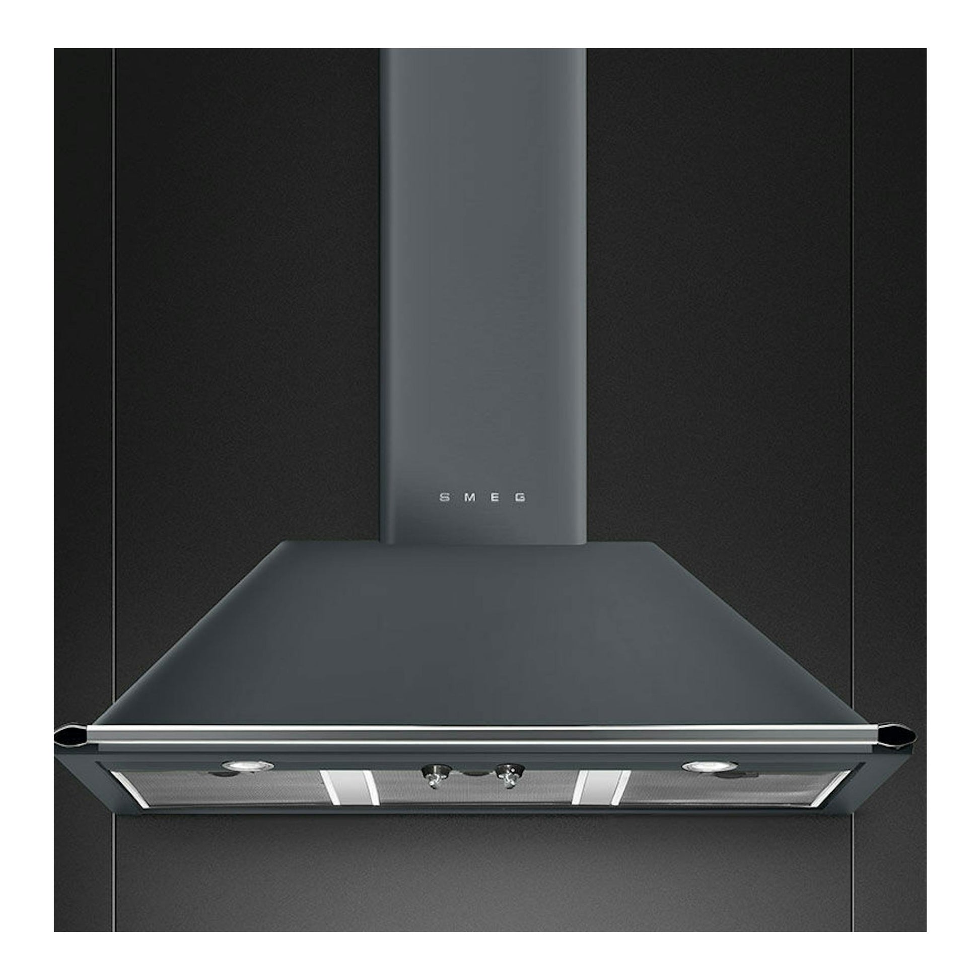 Campana decorativa Smeg KT100GRE gris, vista frontal, con chimenea y filtros visibles.