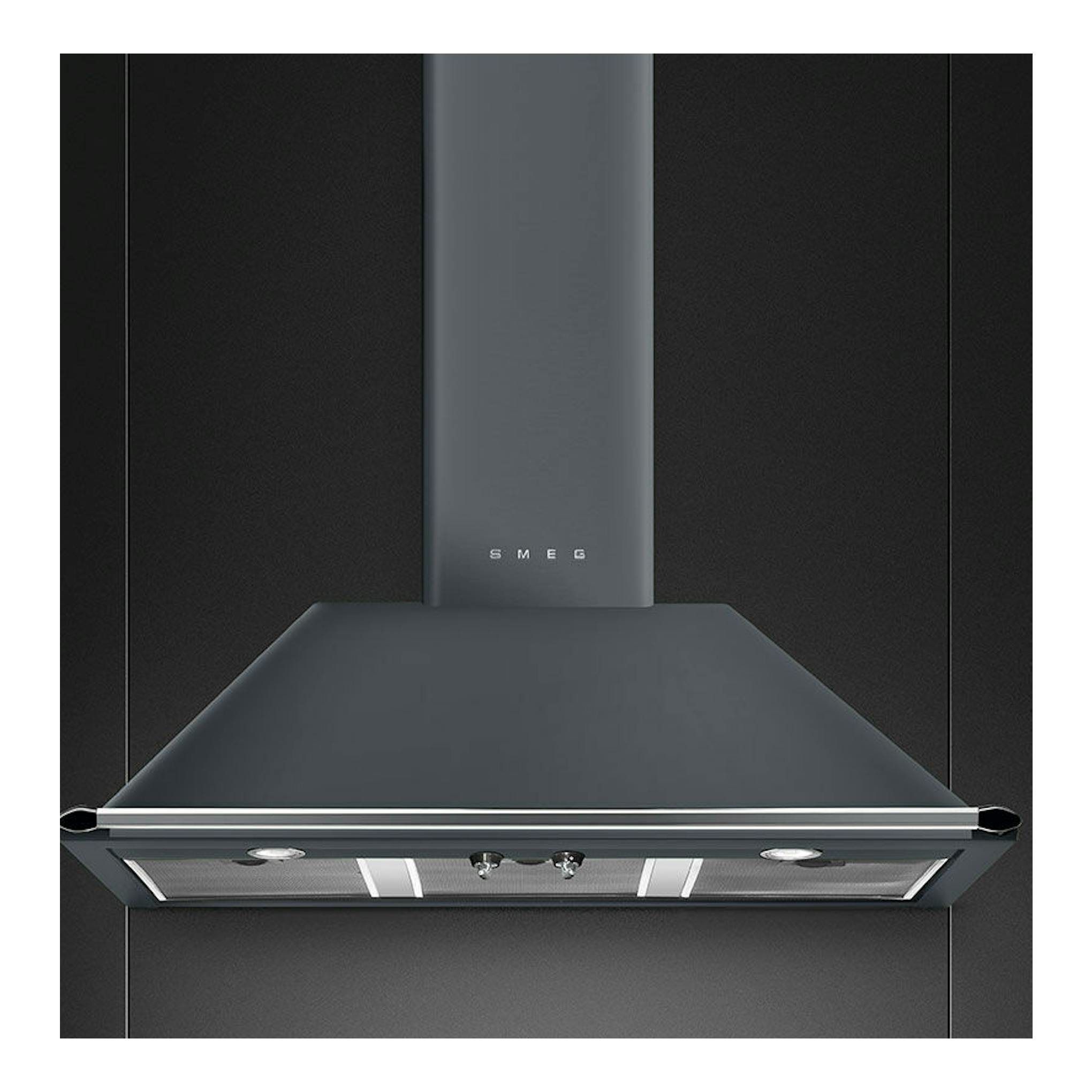Campana decorativa Smeg KT100GRE gris, vista frontal, con chimenea y filtros visibles.