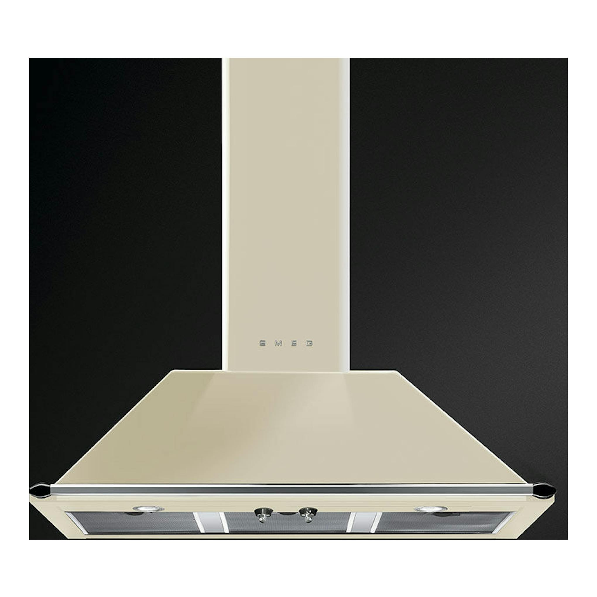 Campana decorativa Smeg KT100PE crema, vista frontal, con chimenea y filtro inferior.