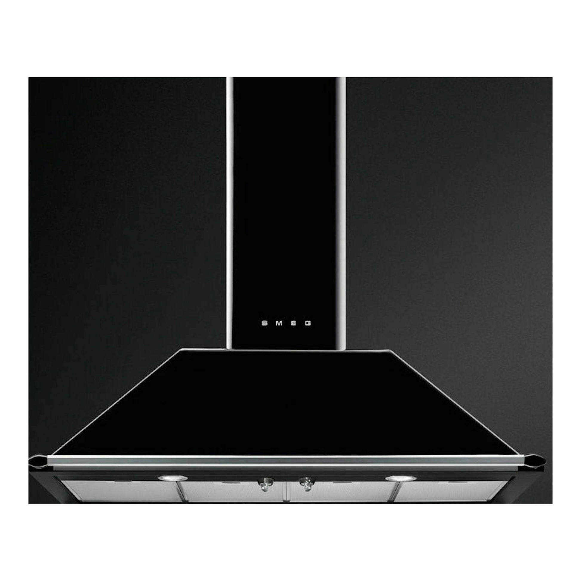 Campana decorativa Smeg KT110BLE negra, vista frontal con chimenea central.