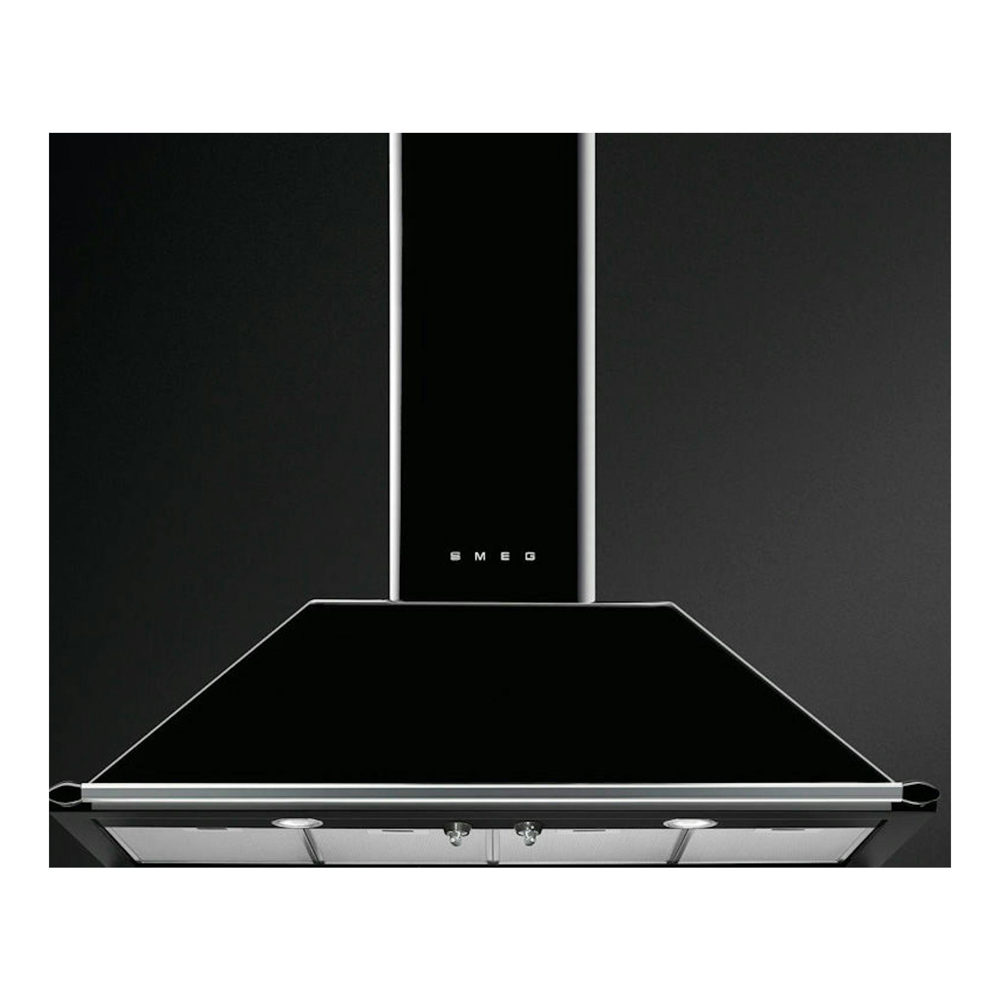 Campana decorativa Smeg KT110BLE negra, vista frontal con chimenea central.