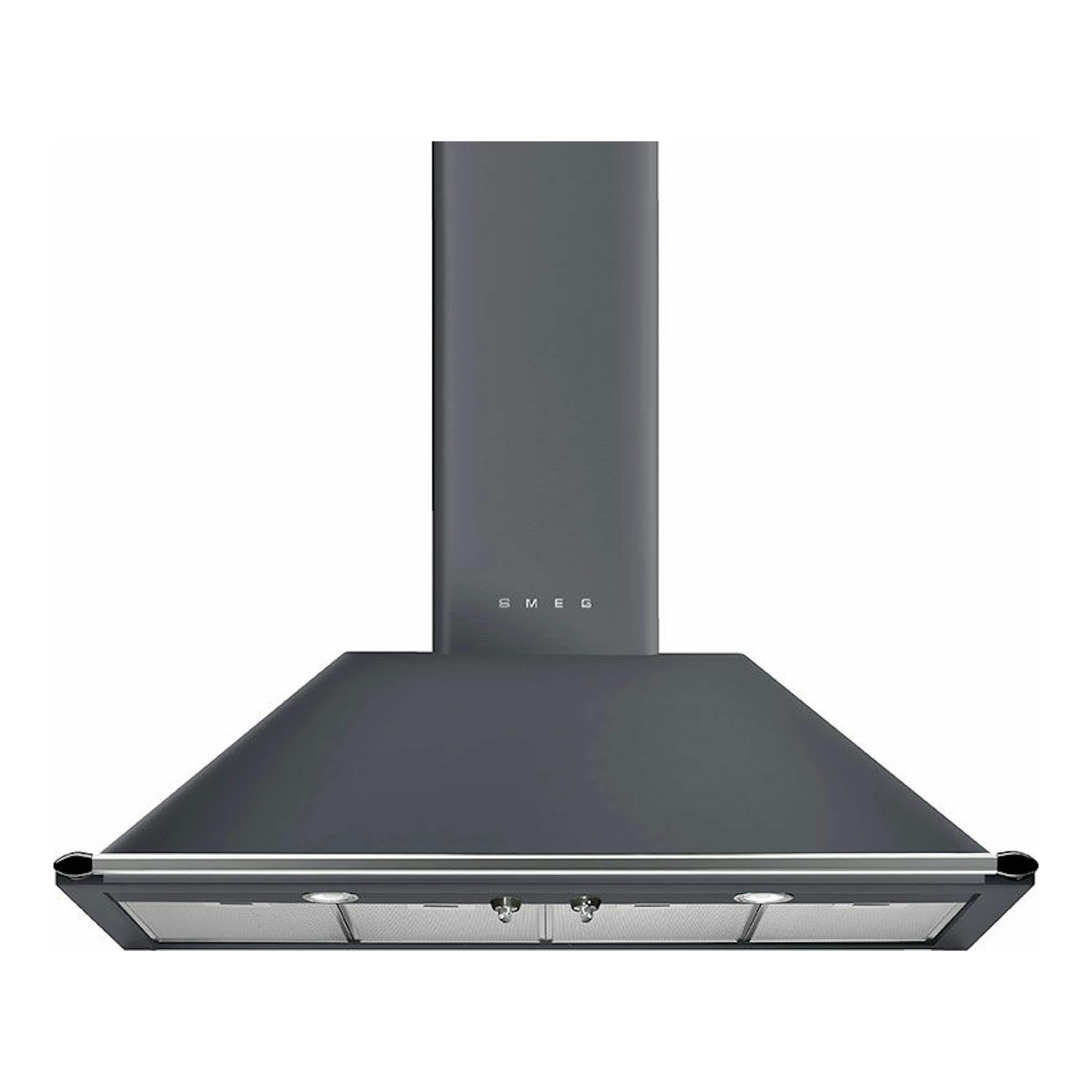 Campana decorativa Smeg KT110GRE gris, vista frontal, con chimenea vertical y filtros metálicos.