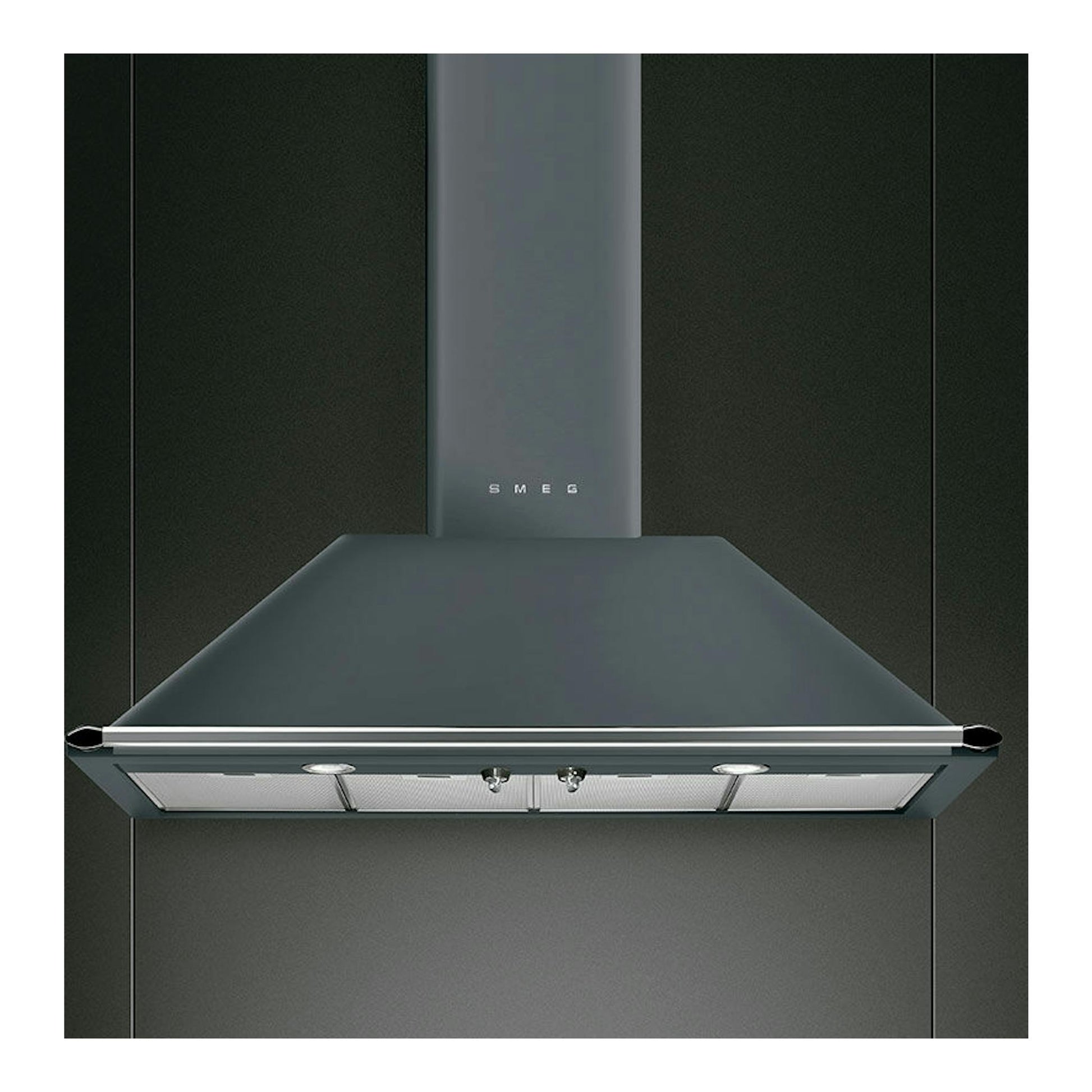 Campana decorativa Smeg KT110GRE gris, vista frontal, con chimenea vertical y filtros inferiores.