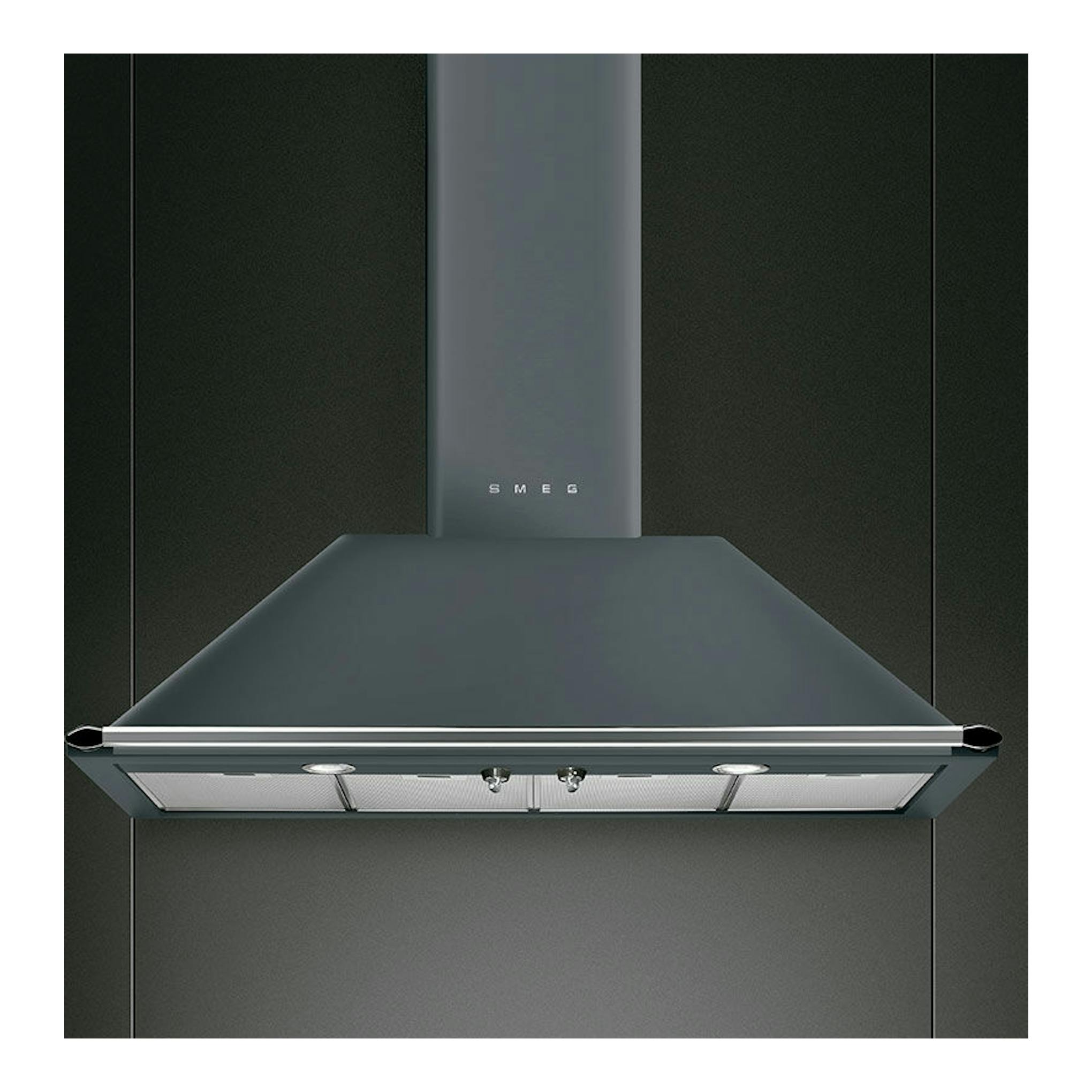 Campana decorativa Smeg KT110GRE gris, vista frontal, con chimenea vertical y filtros inferiores.