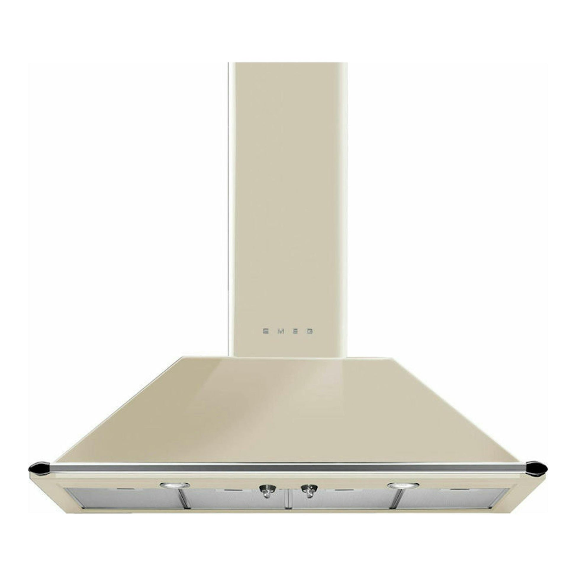 Campana decorativa Smeg KT110PE crema, vista frontal, con chimenea vertical y base metálica inclinada.