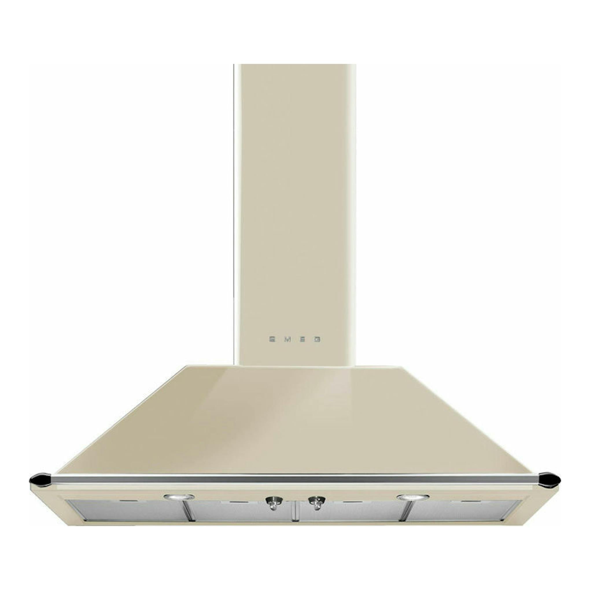 Campana decorativa Smeg KT110PE crema, vista frontal, con chimenea vertical y base metálica inclinada.