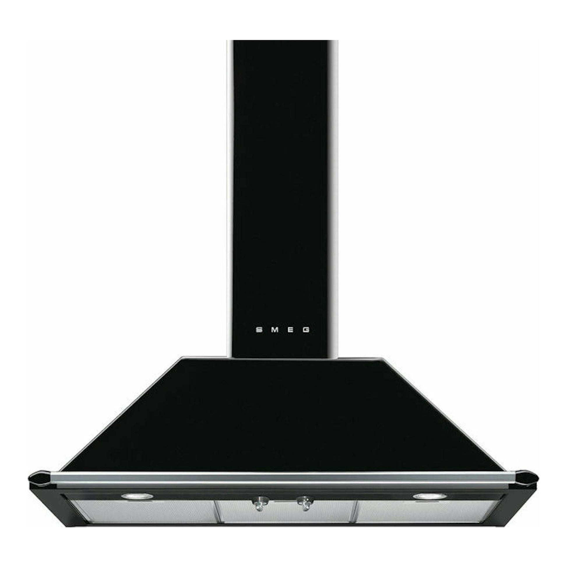 Campana decorativa Smeg KT90BLE negra, vista frontal, con chimenea vertical y filtro inferior.