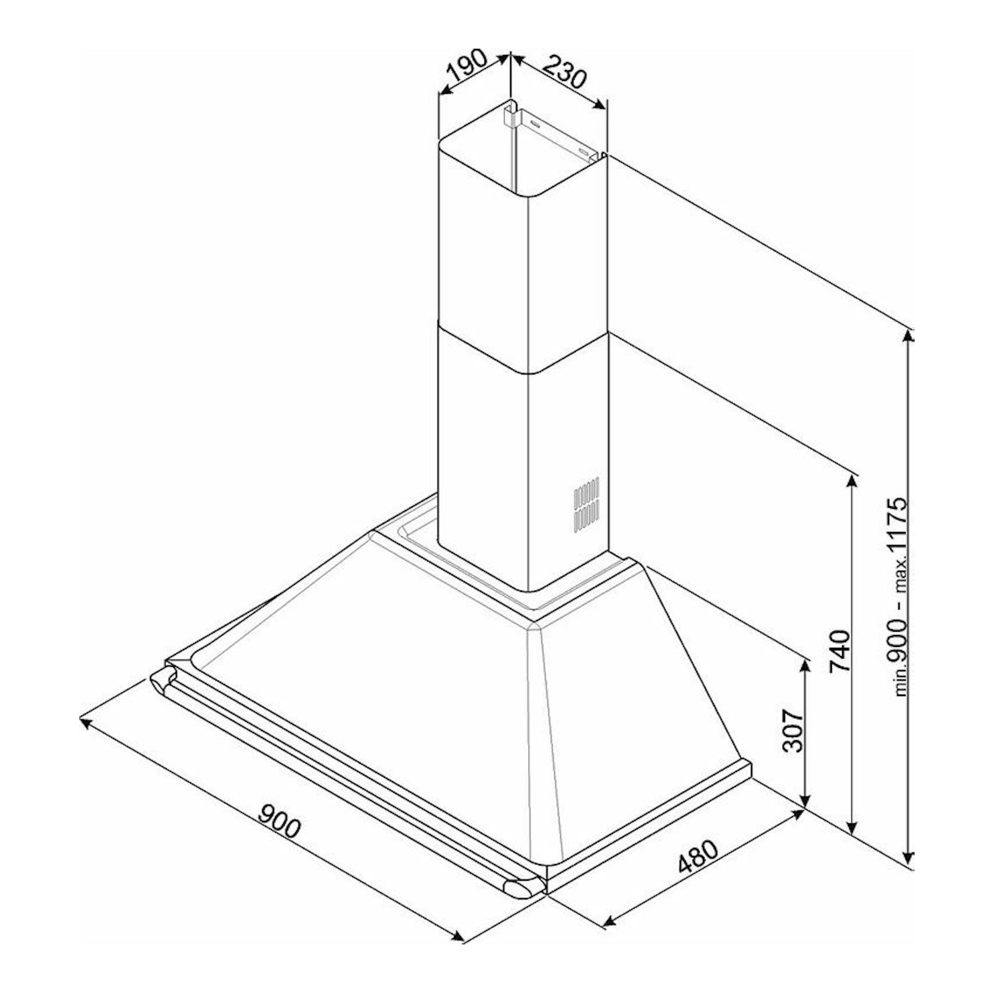 Esquema técnico de campana decorativa Smeg KTR90XE inox, vista isométrica con medidas.