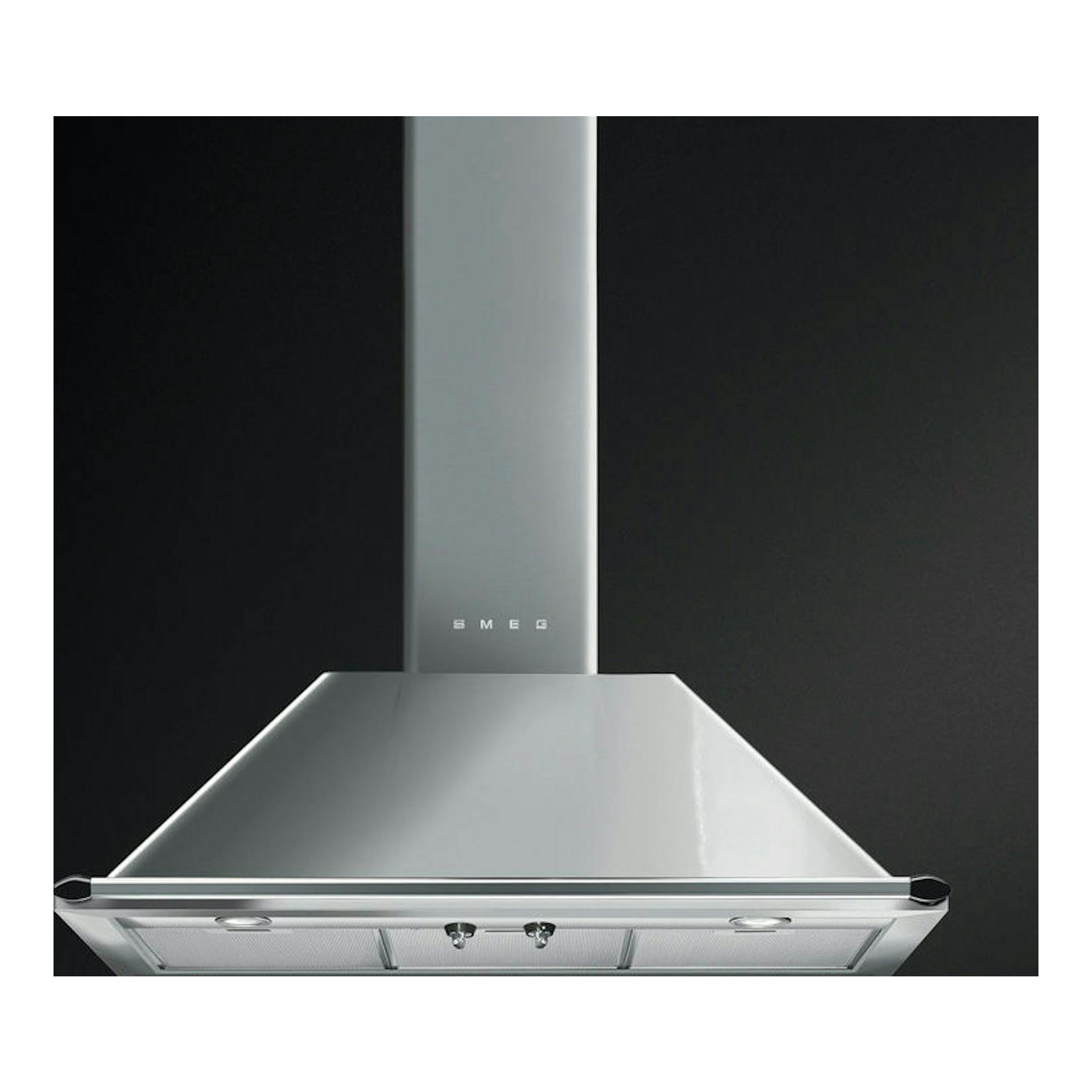 Campana decorativa Smeg KTR90XE inox, vista frontal, acabado acero inoxidable, sobre fondo negro.