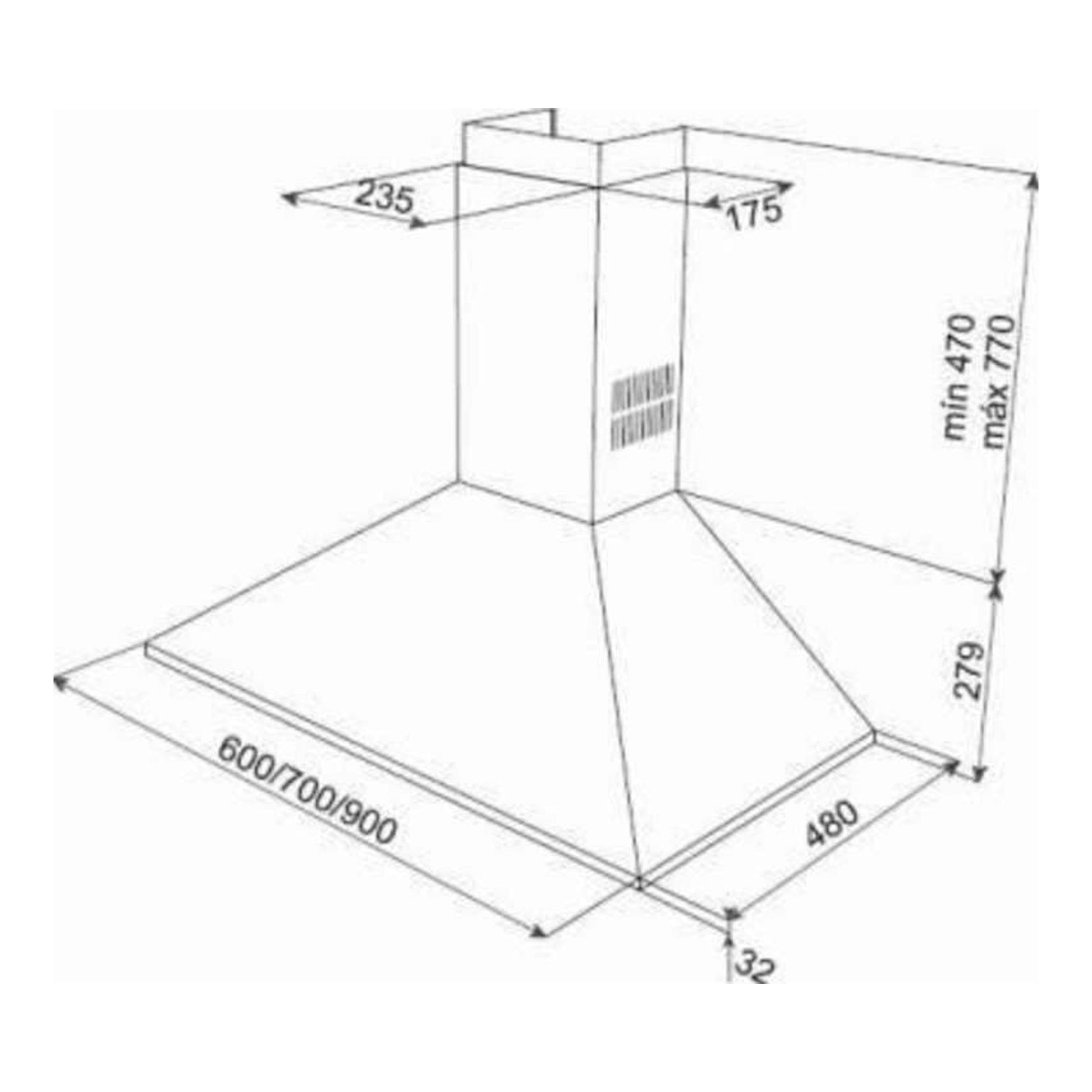 Esquema técnico de campana decorativa Teka DBB60 Inox, vista isométrica, en acero inoxidable, con medidas.