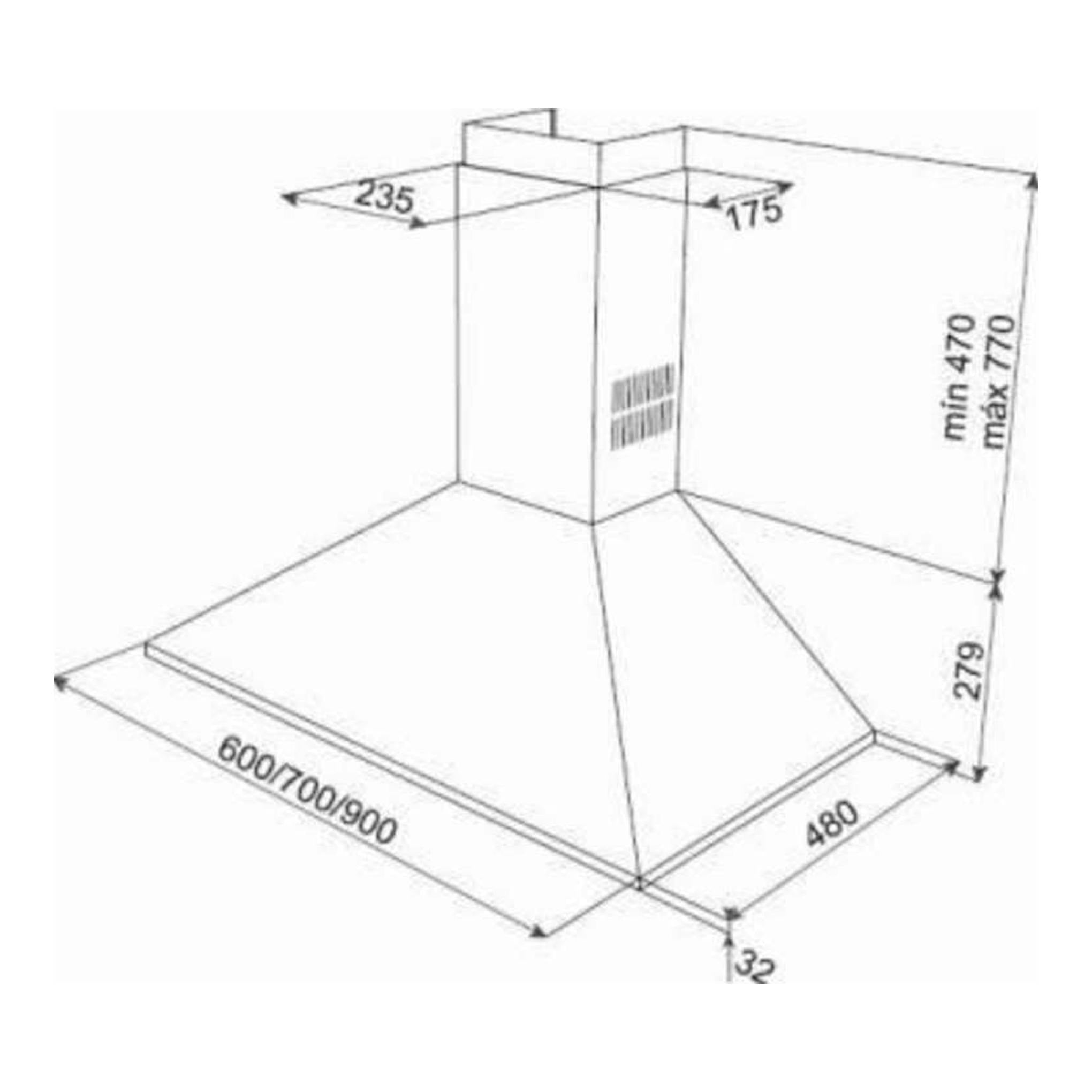 Esquema técnico de campana decorativa Teka DBB60 Inox, vista isométrica, en acero inoxidable, con medidas.