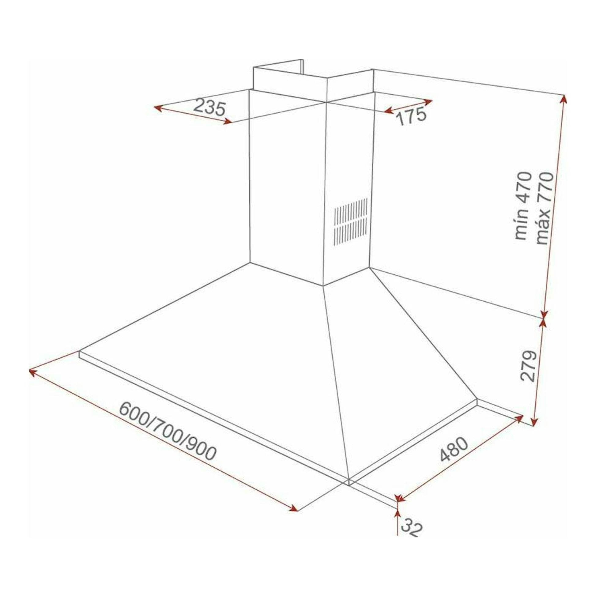 Dibujo técnico de campana decorativa Teka DBB60 negra, vista isométrica, con medidas.