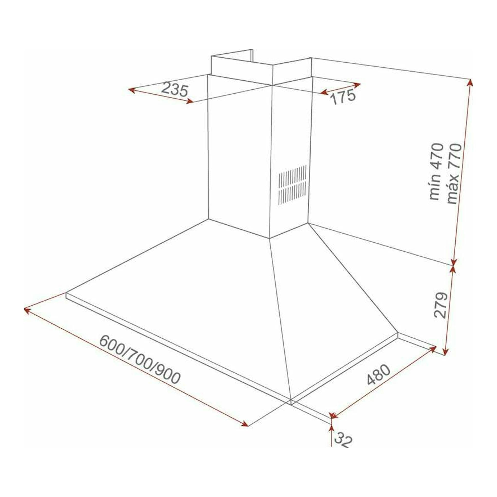 Dibujo técnico de campana decorativa Teka DBB60 negra, vista isométrica, con medidas.