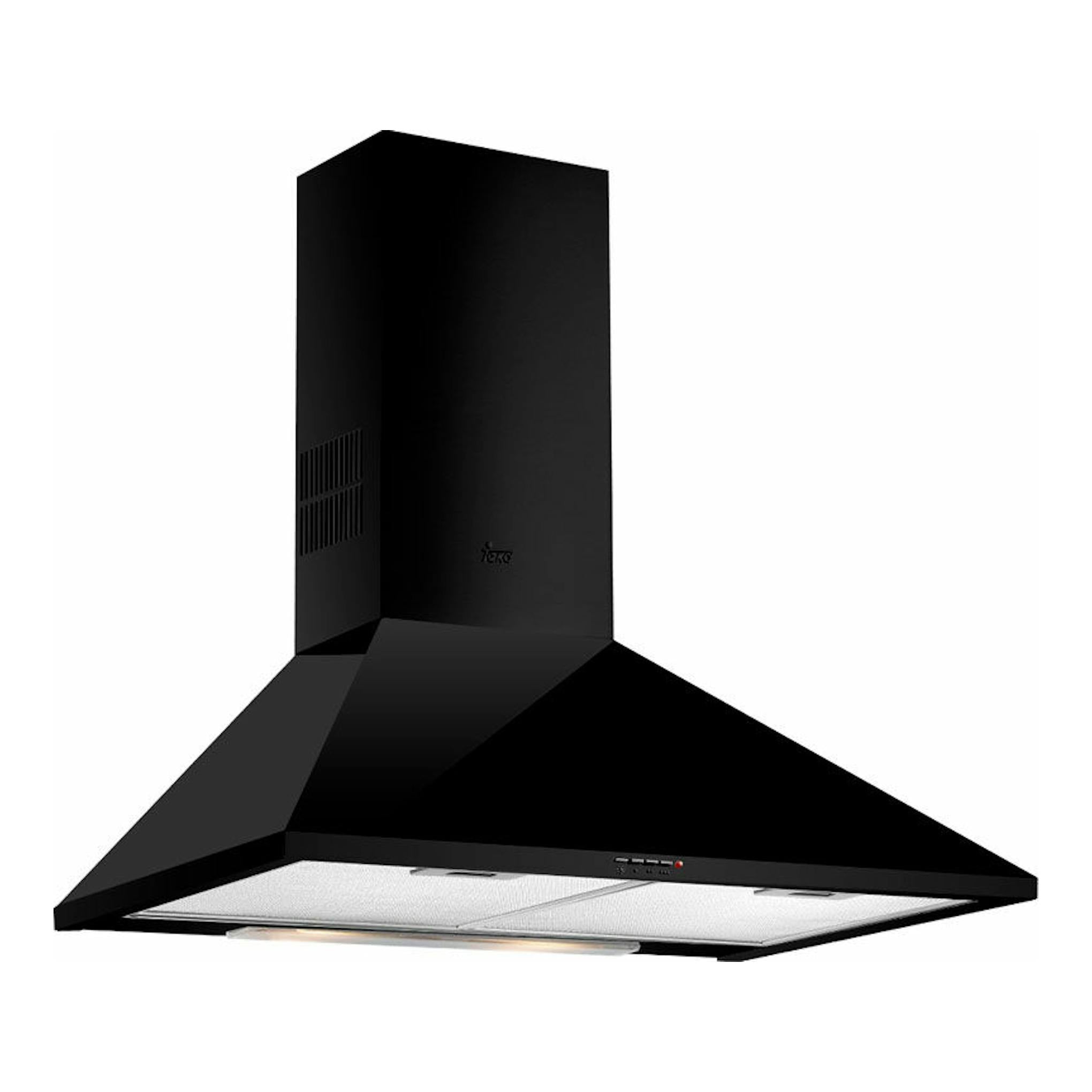 Campana decorativa Teka DBB70 negra, vista frontal en ángulo, con chimenea y panel inferior metálico.