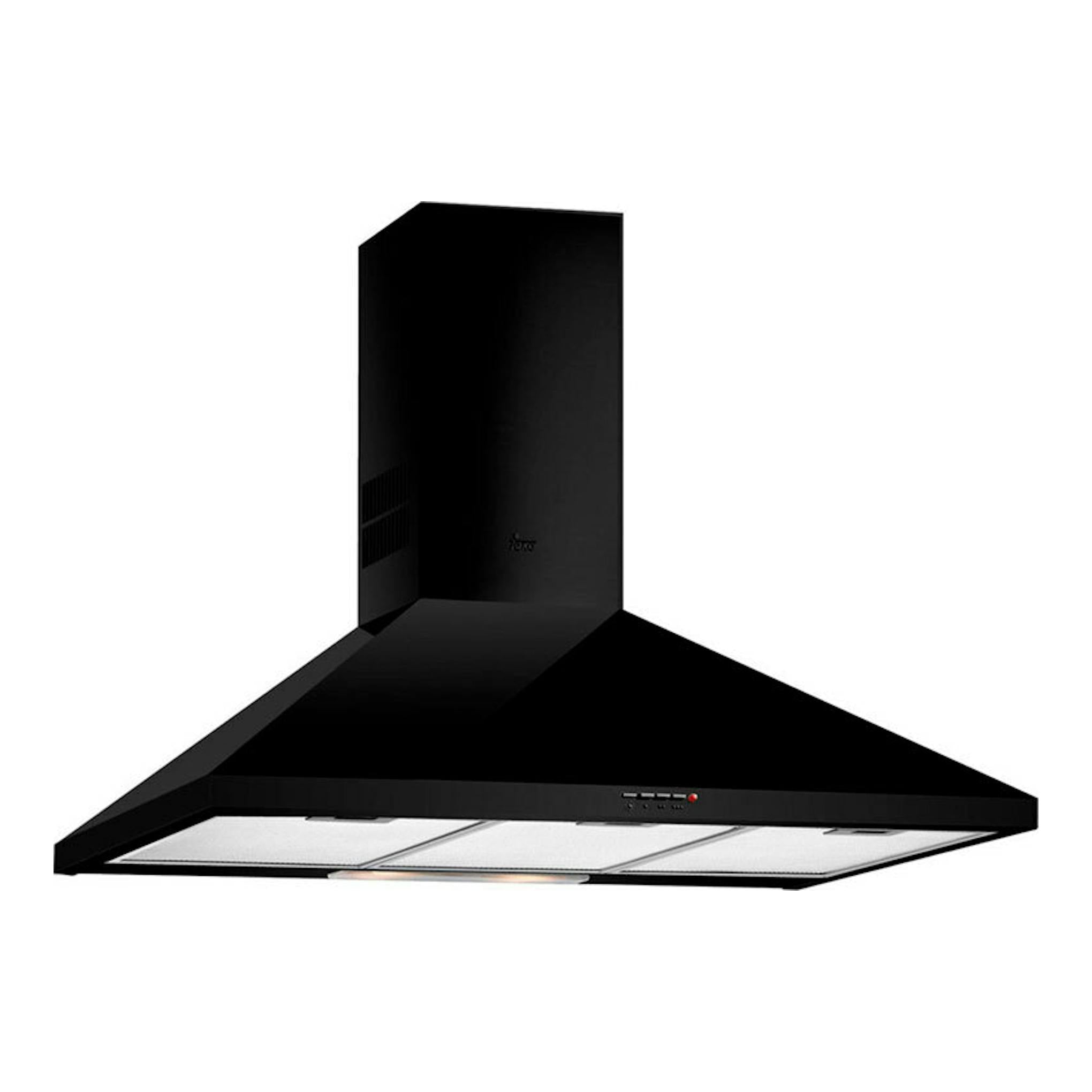 Campana decorativa Teka DBB90 negra, vista frontal en ángulo, con chimenea y panel inferior.