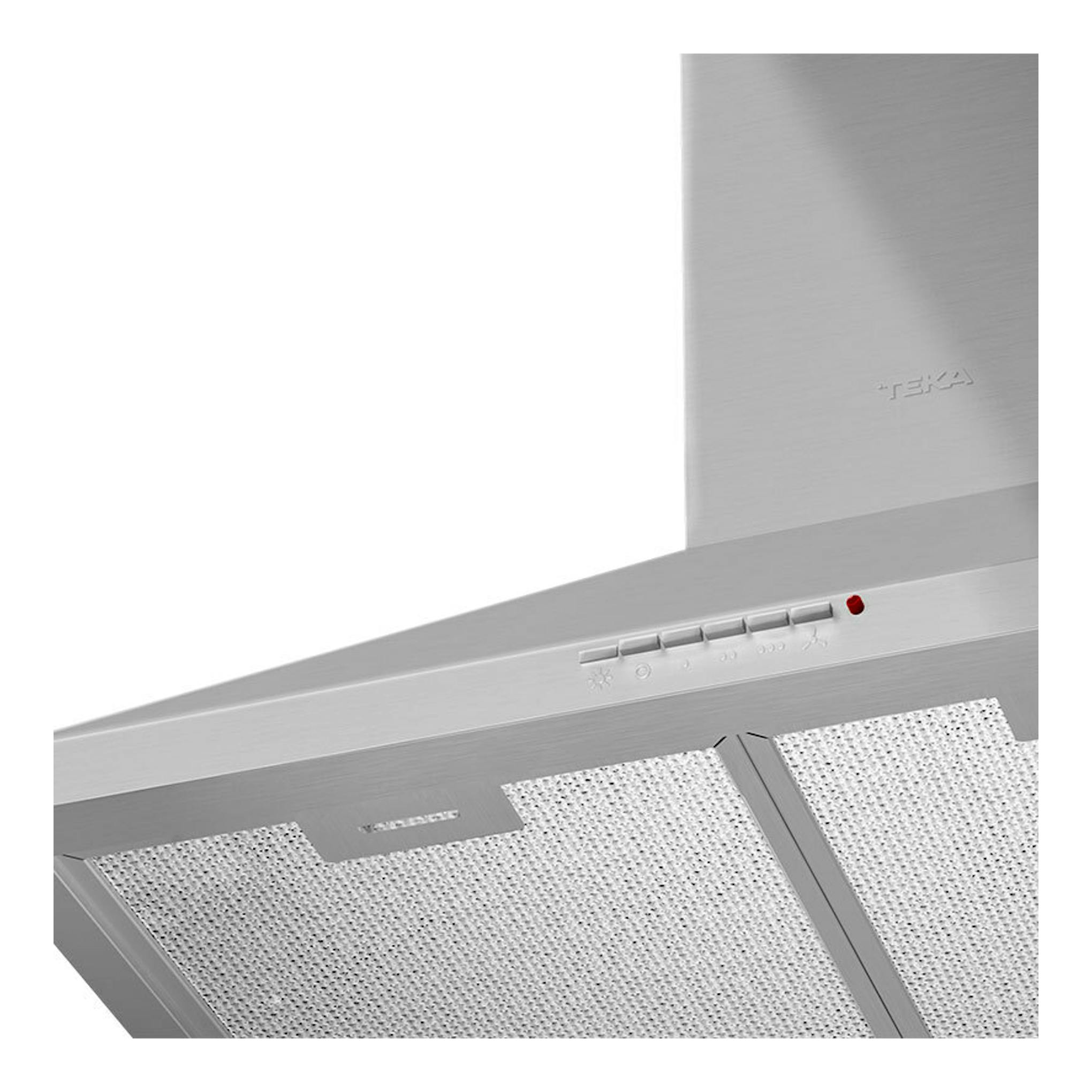 Campana decorativa Teka DBP 70 PRO Inox, vista en ángulo, acero inoxidable, con panel de control y filtros visibles.