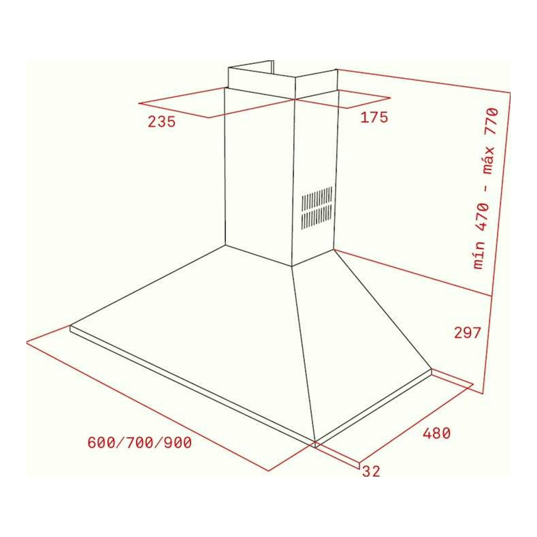 Campana decorativa Teka DBP 90 PRO Inox, dibujo técnico en perspectiva con medidas.