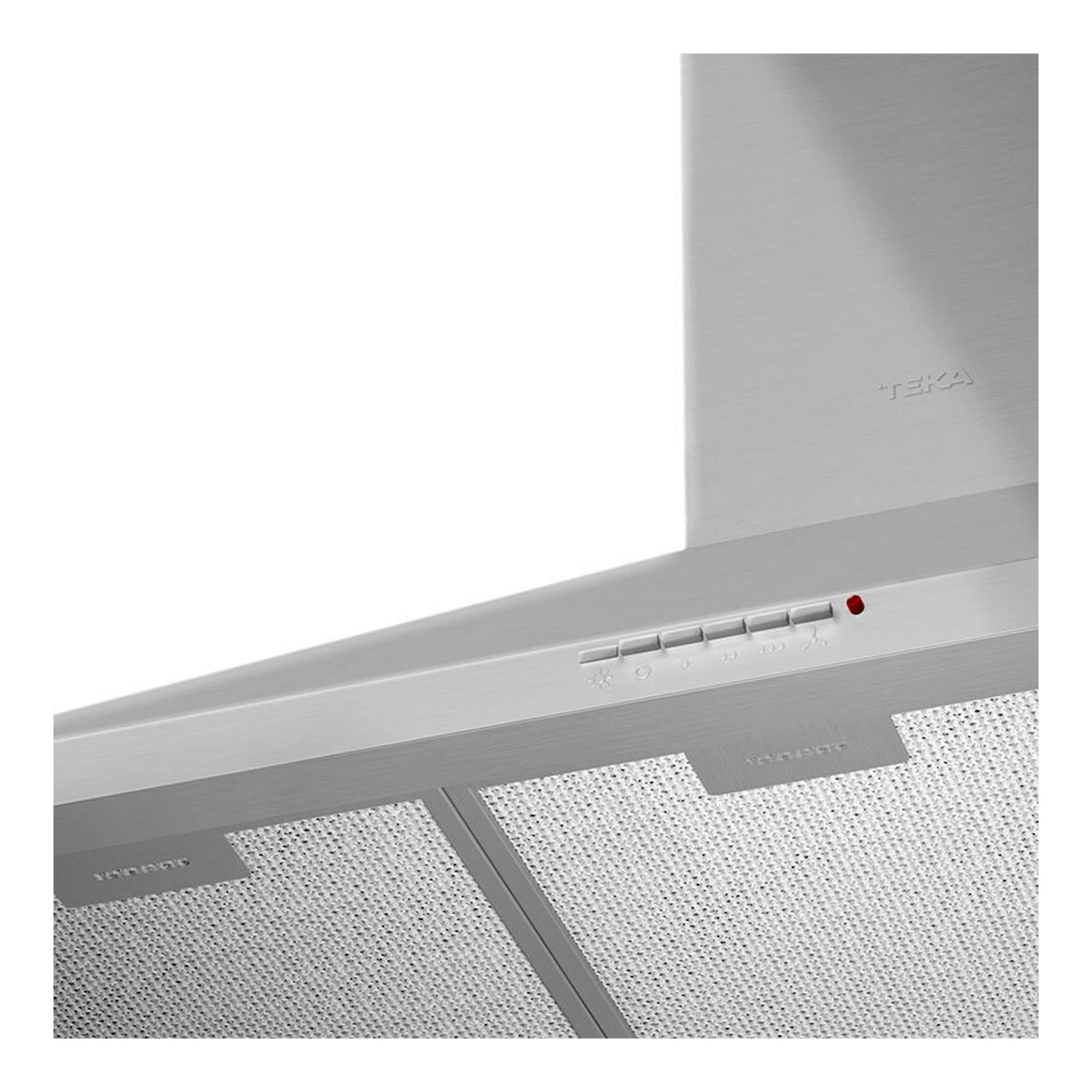 Campana decorativa Teka DBP 90 PRO Inox, vista frontal en ángulo, acero inoxidable plateado.