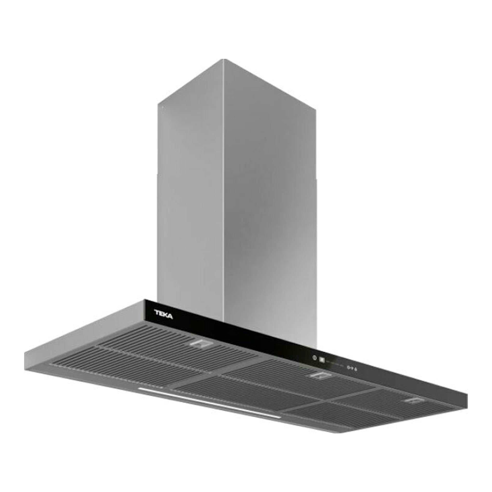Campana decorativa Teka DHP118760 Conect inox, vista frontal e inferior, acabado acero inoxidable y negro.