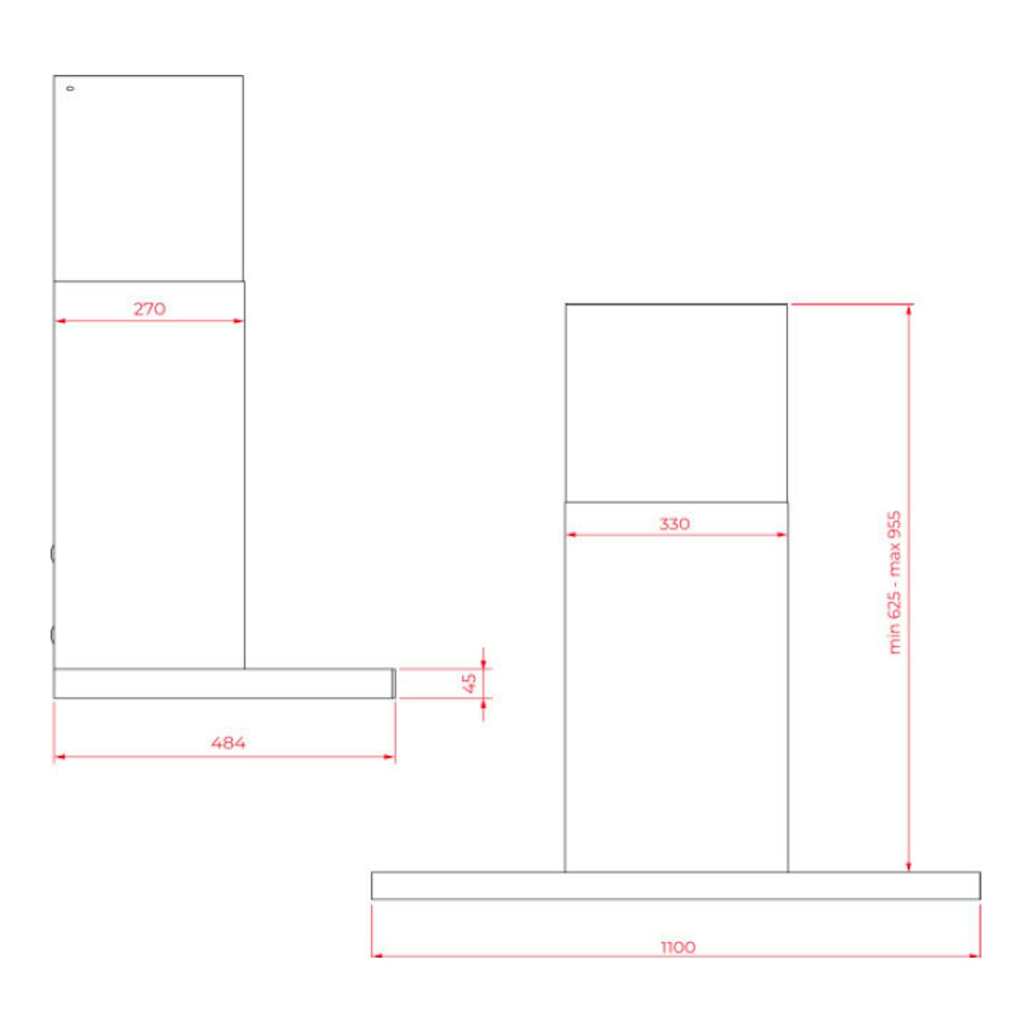 Plano técnico de campana decorativa Teka DHP118760 Conect inox, vistas frontal y lateral con medidas.