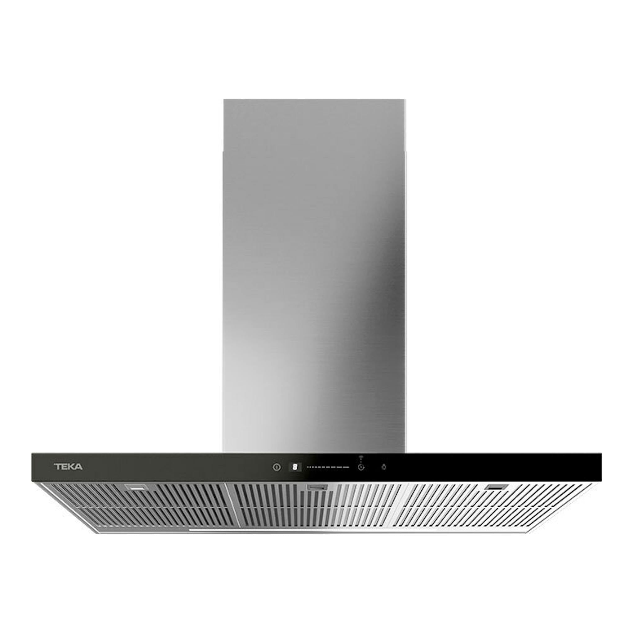 Campana extractora Teka DHP98760 Conect Inox, vista frontal, acero inoxidable y panel negro.