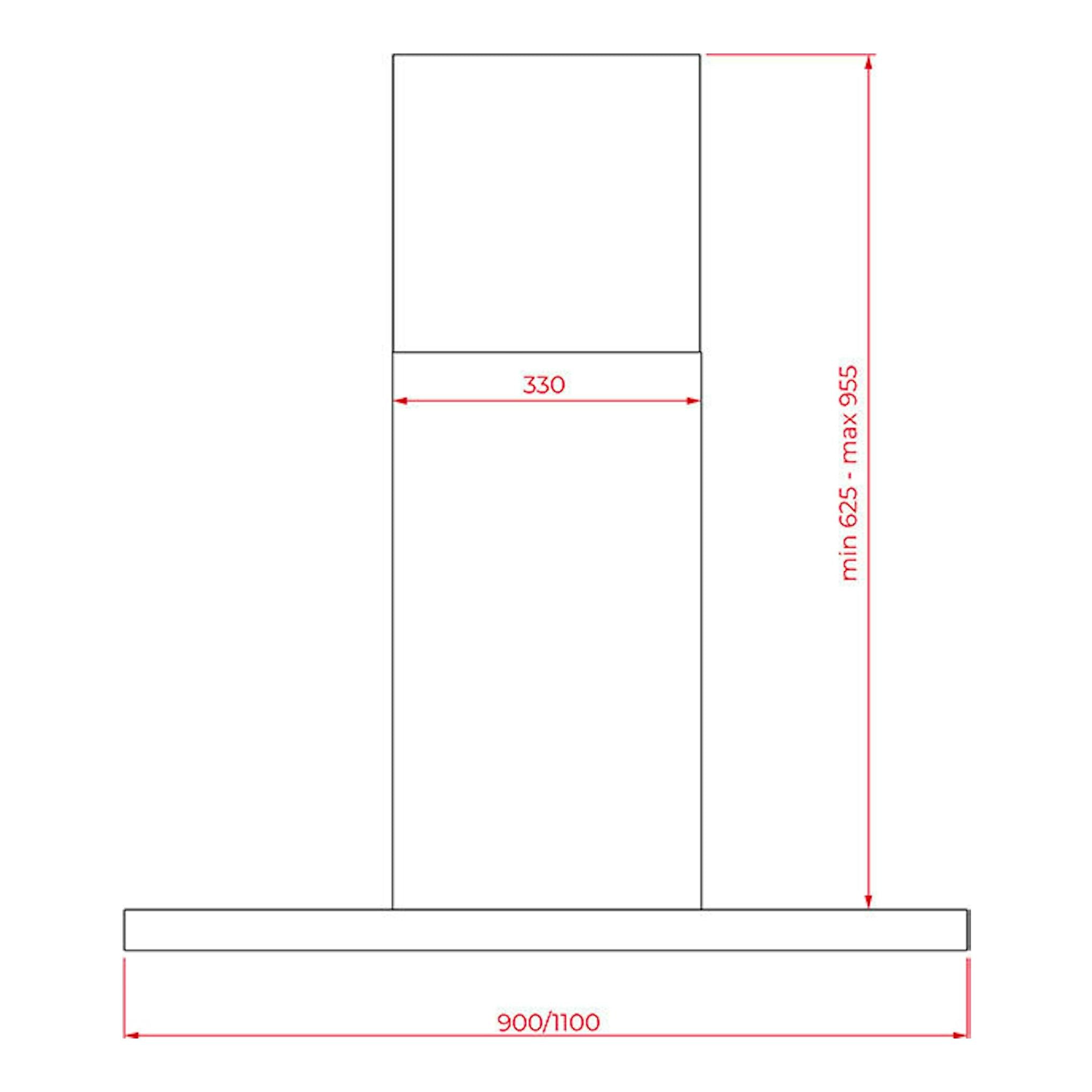 Campana decorativa Teka DHP98760 Conect Inox, vista frontal con medidas 900/1100 x 330 x min 625-max 955 mm