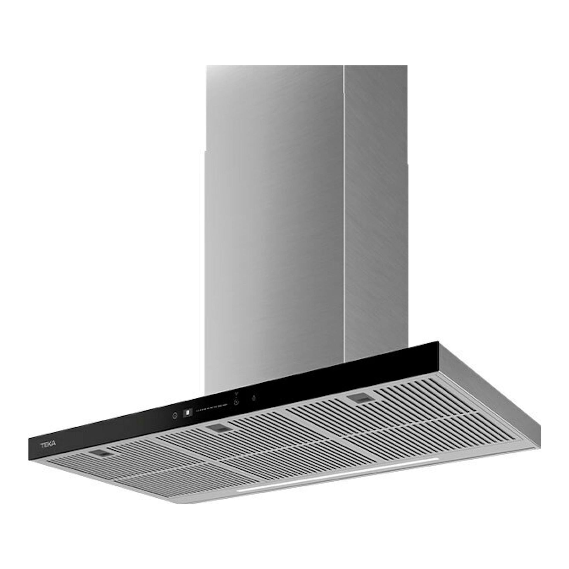 Campana extractora decorativa Teka DHP98760 Conect Inox, vista inferior en ángulo, acero inoxidable.