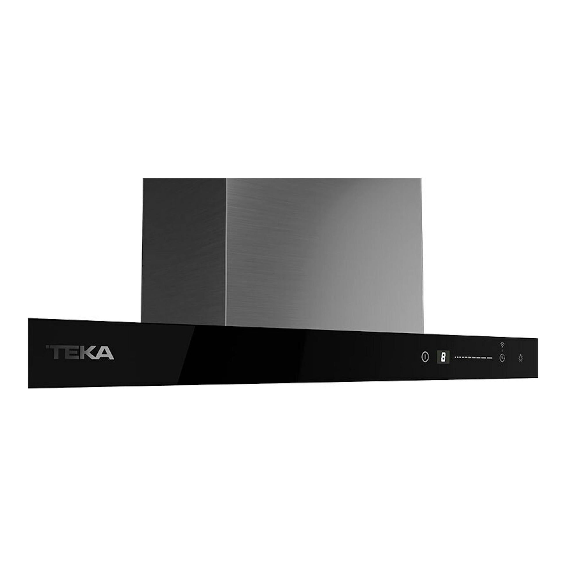 Campana decorativa Teka DHP98760 Conect, frontal negro y chimenea de acero inoxidable.