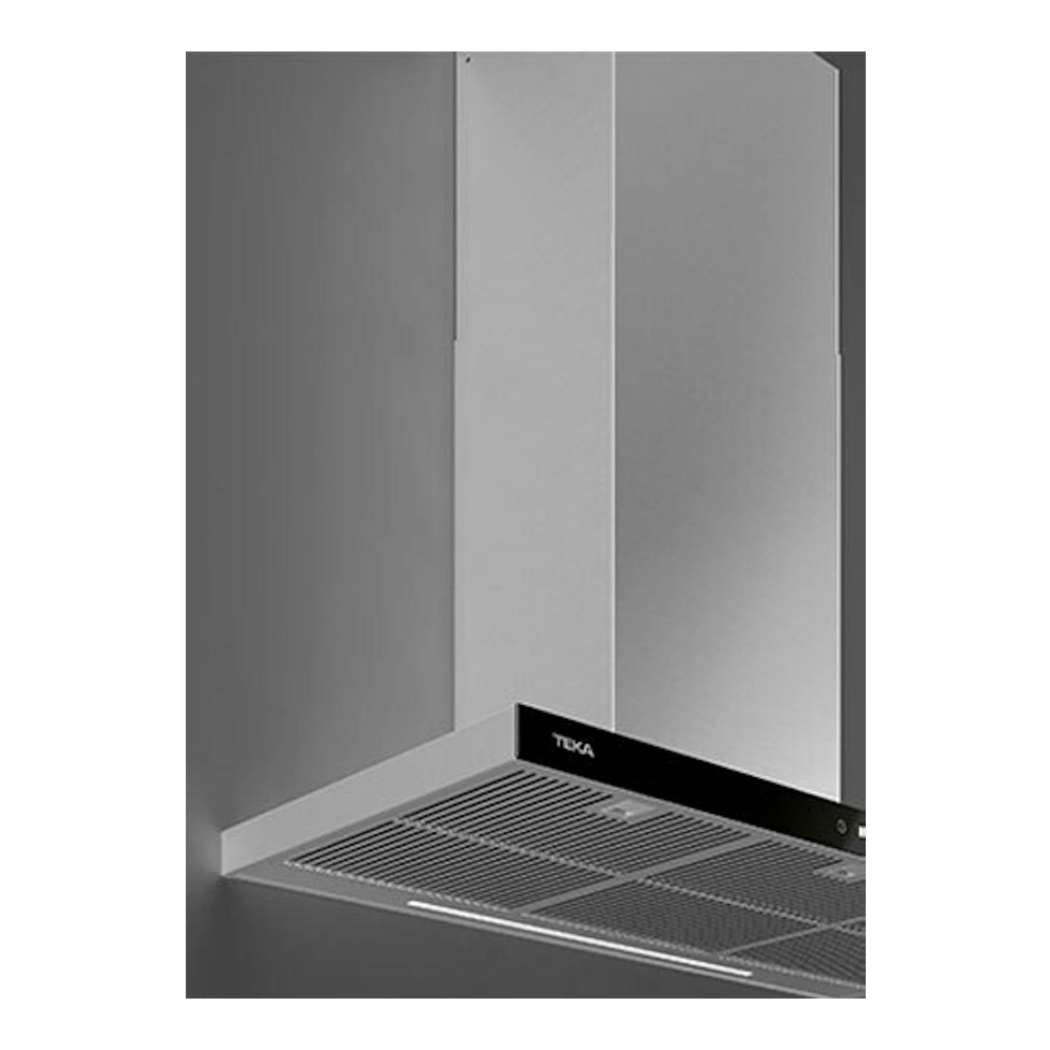 Campana decorativa Teka DHP98760 Conect inox, vista en ángulo, montada en pared.