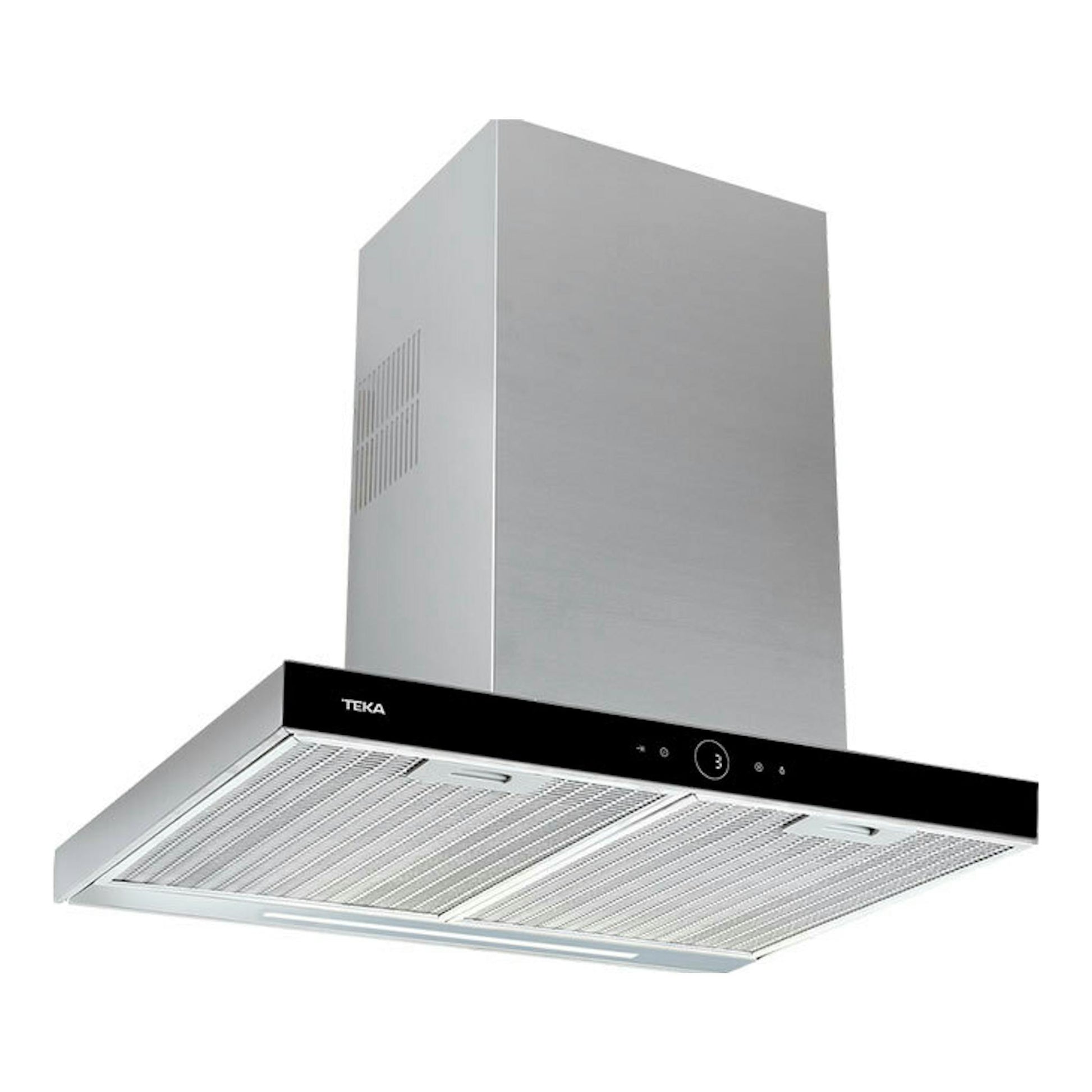 Campana decorativa Teka DLH 686 T, negra y acero inoxidable, vista en ángulo frontal.
