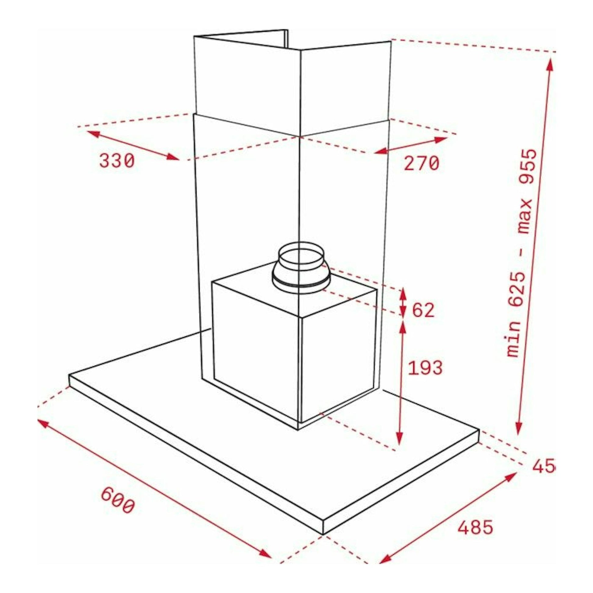 Esquema isométrico de la campana decorativa Teka DLH 686 T negra, con medidas en rojo.