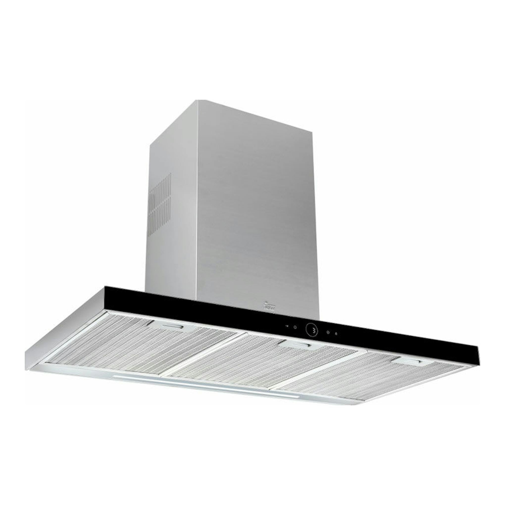 Campana decorativa Teka DLH 786 T negra y acero inoxidable, vista frontal en ángulo, con filtros metálicos.