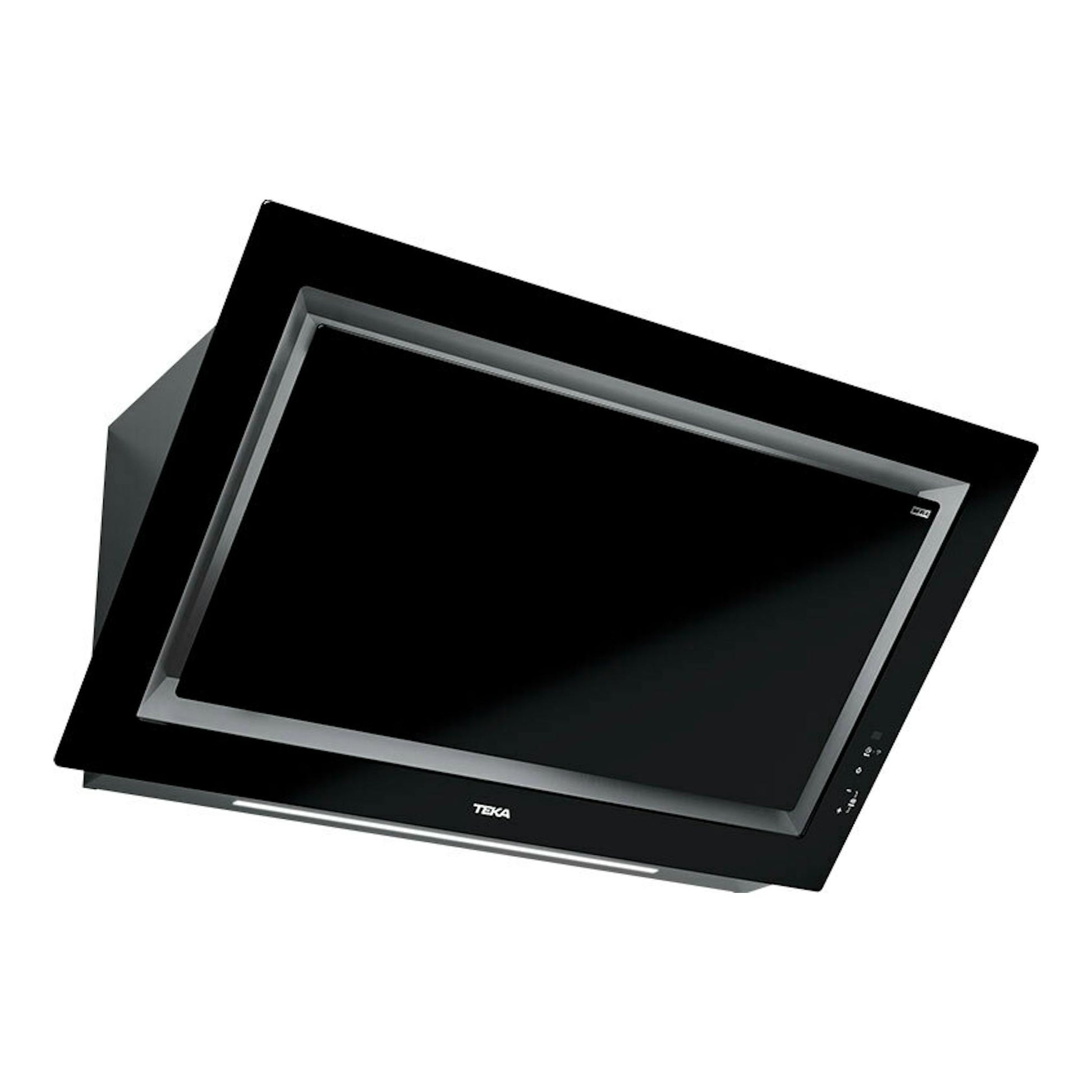 Campana decorativa Teka DLV 99677 TOS de cristal negro, vista frontal en ángulo.