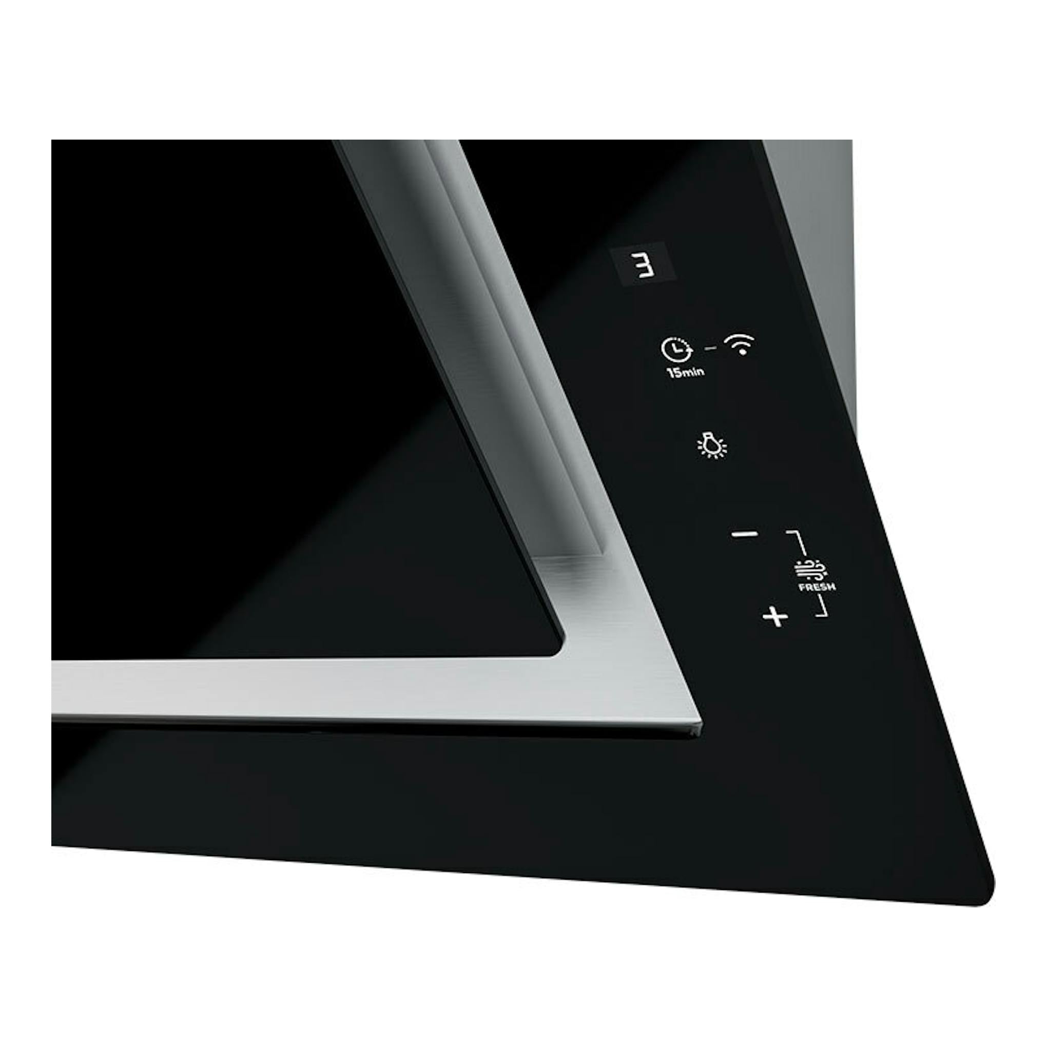 Campana decorativa Teka DLV 99677 TOS en cristal negro, vista parcial en ángulo con panel táctil.
