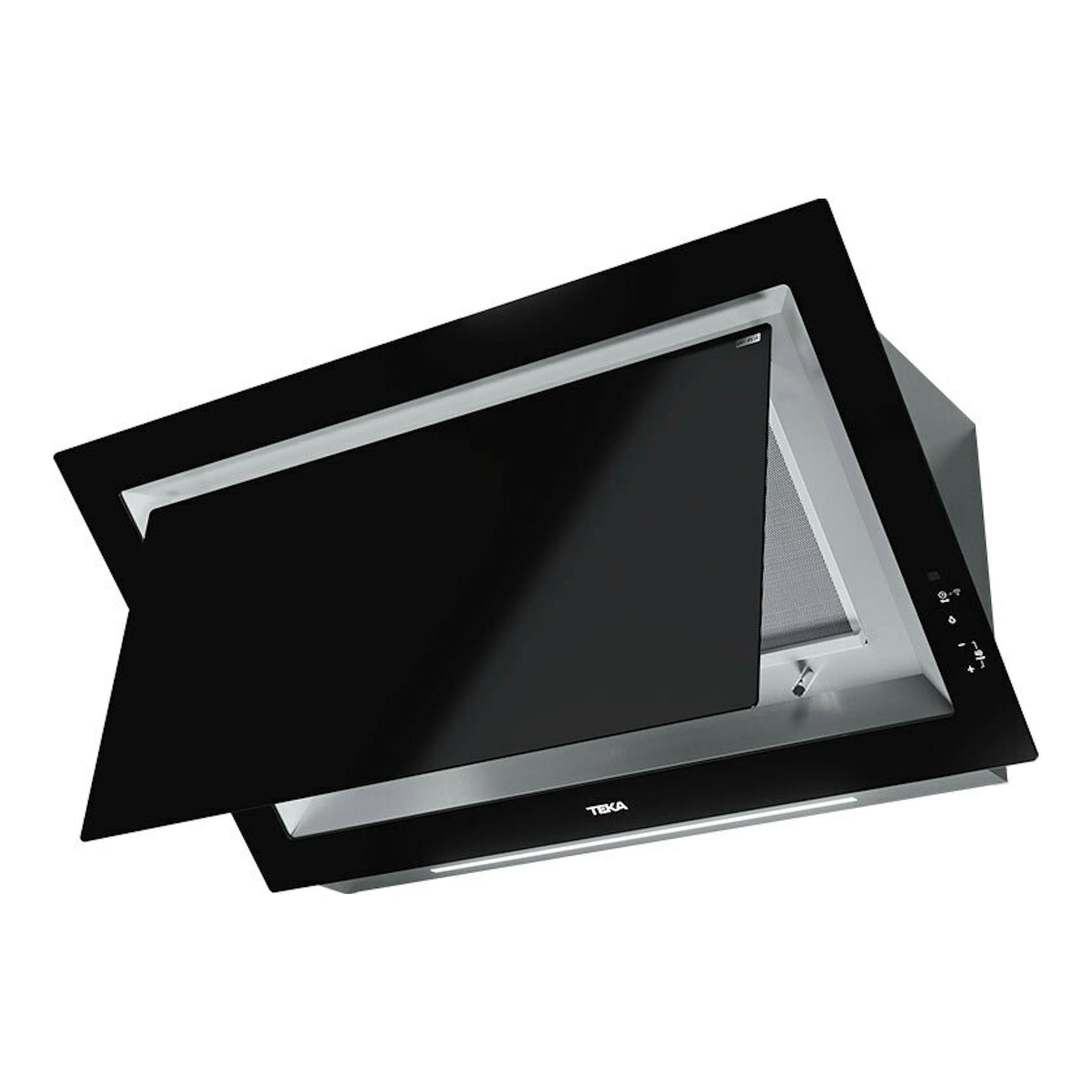 Campana extractora Teka DLV 99677 TOS de cristal negro, vista frontal en ángulo, con panel abierto.