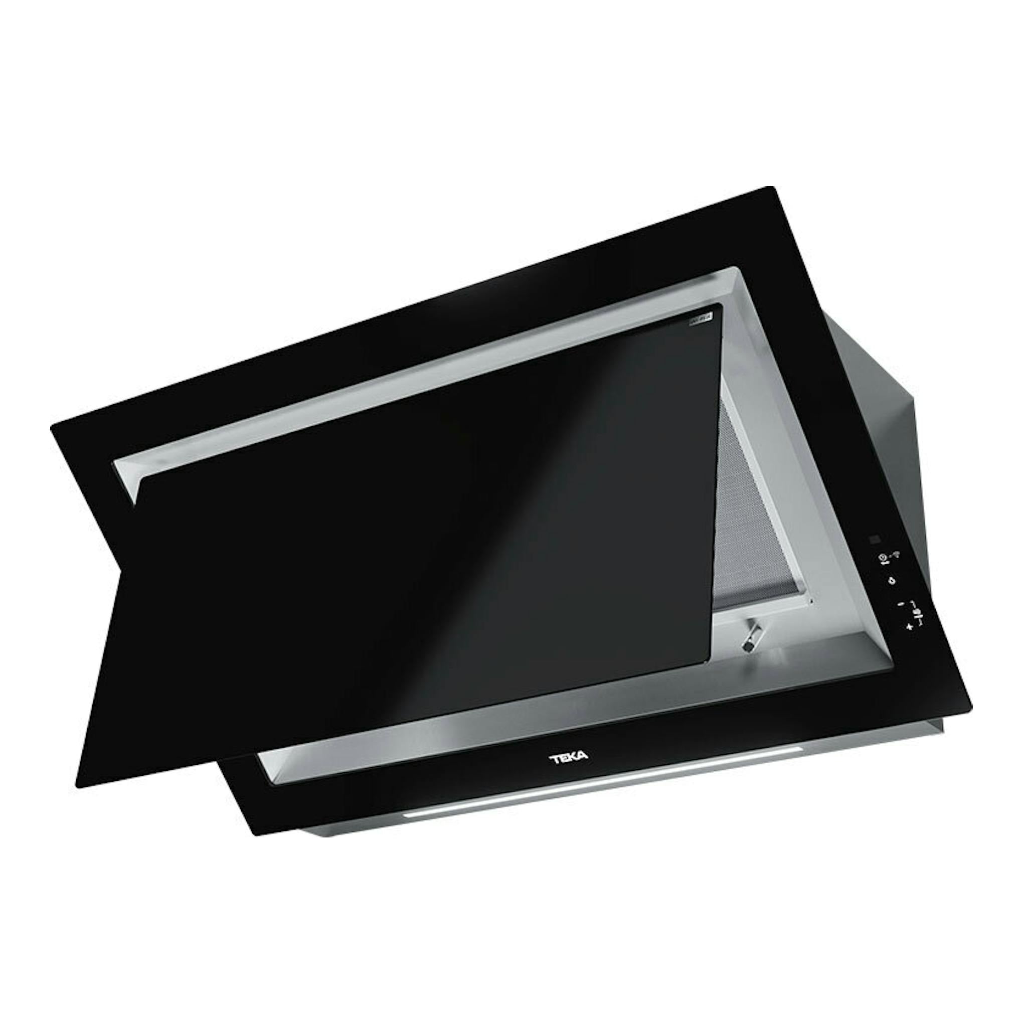 Campana extractora Teka DLV 99677 TOS de cristal negro, vista frontal en ángulo, con panel abierto.