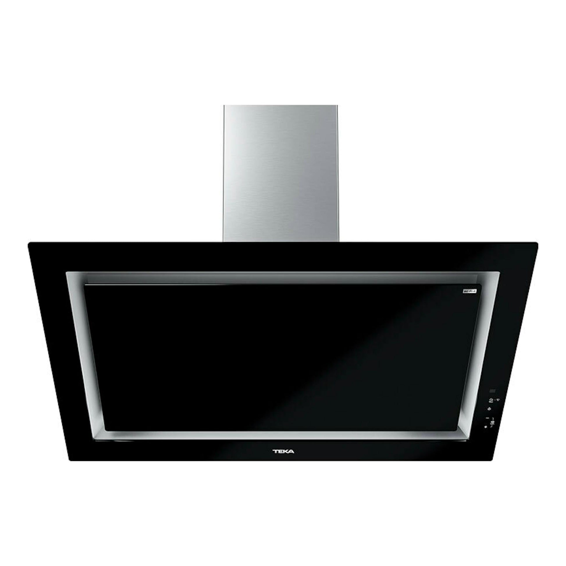 Campana extractora Teka DLV 99677 TOS, vista frontal, cristal negro y chimenea inox.