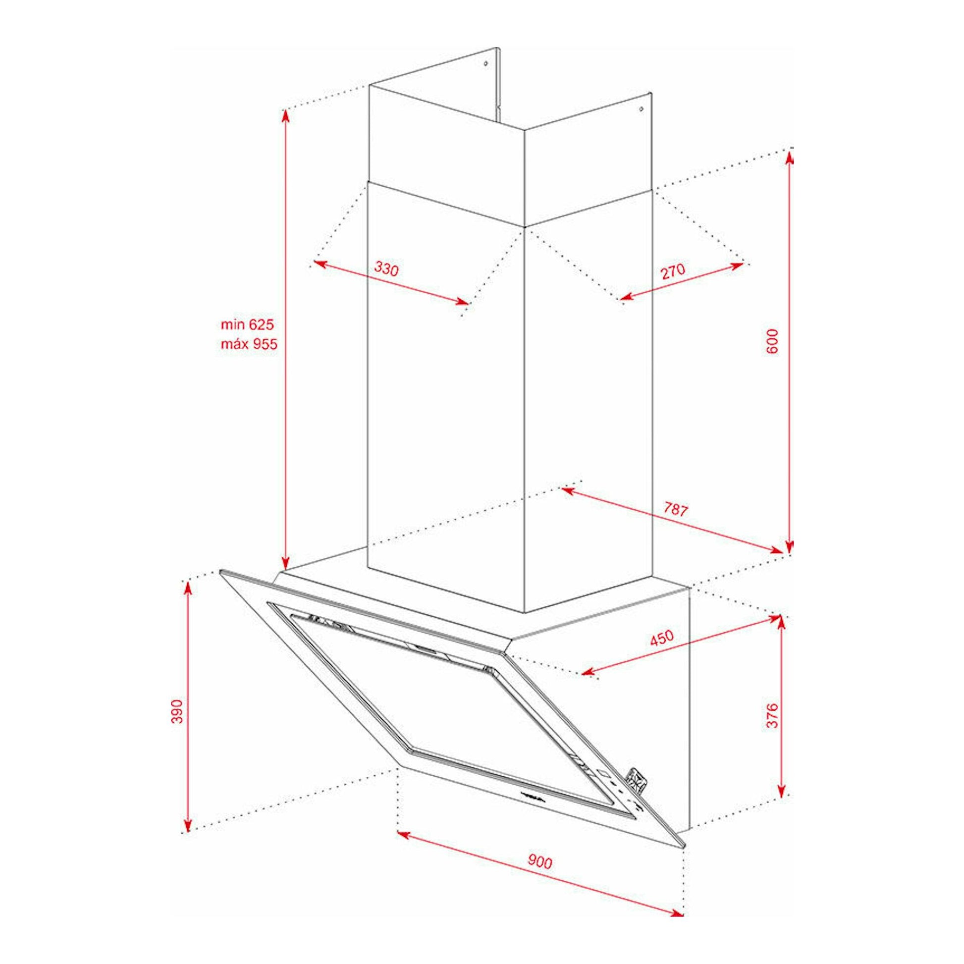 Dibujo técnico de campana decorativa Teka DLV98660TOS Stone Grey, vista en perspectiva, gris.