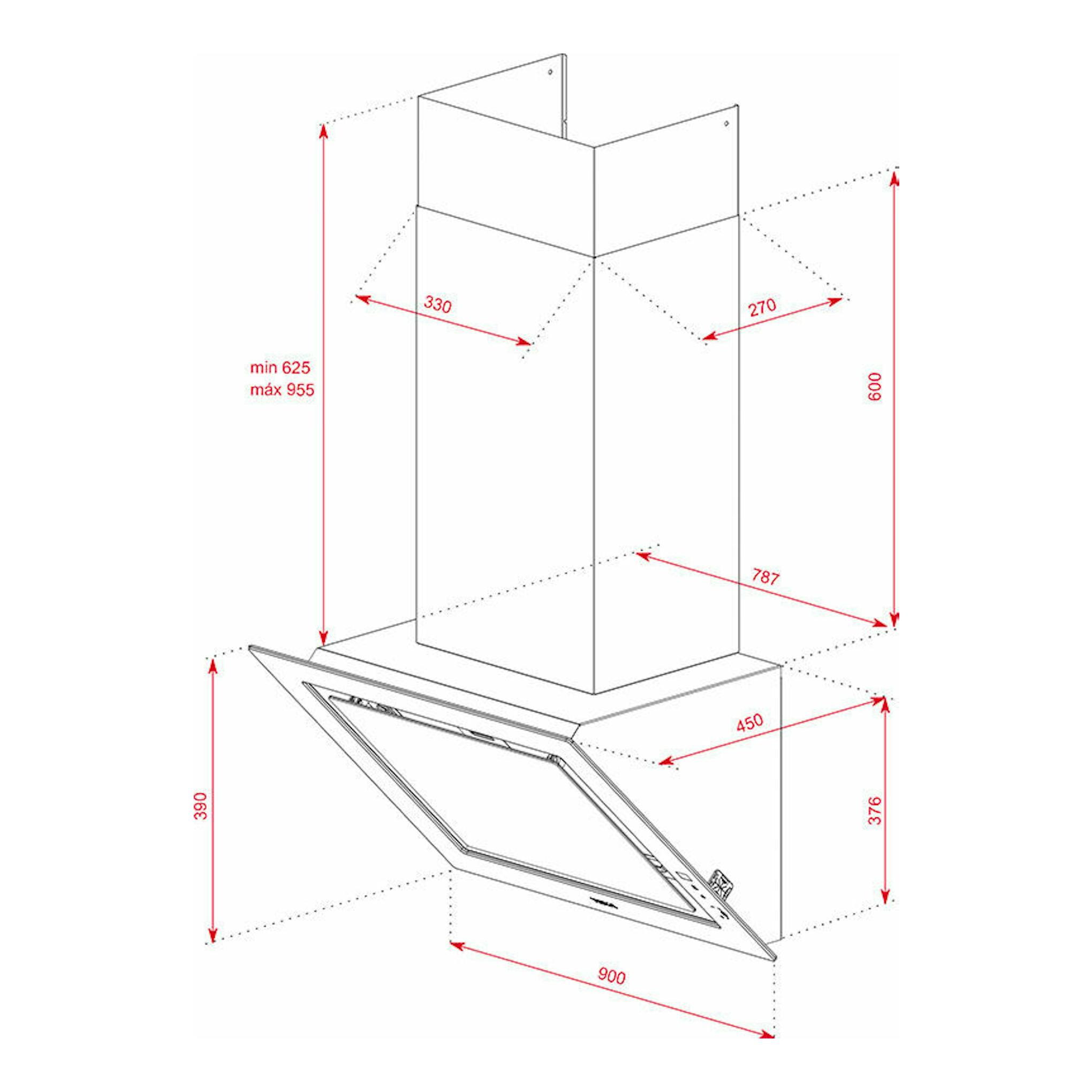 Dibujo técnico de campana decorativa Teka DLV98660TOS Stone Grey, vista en perspectiva, gris.