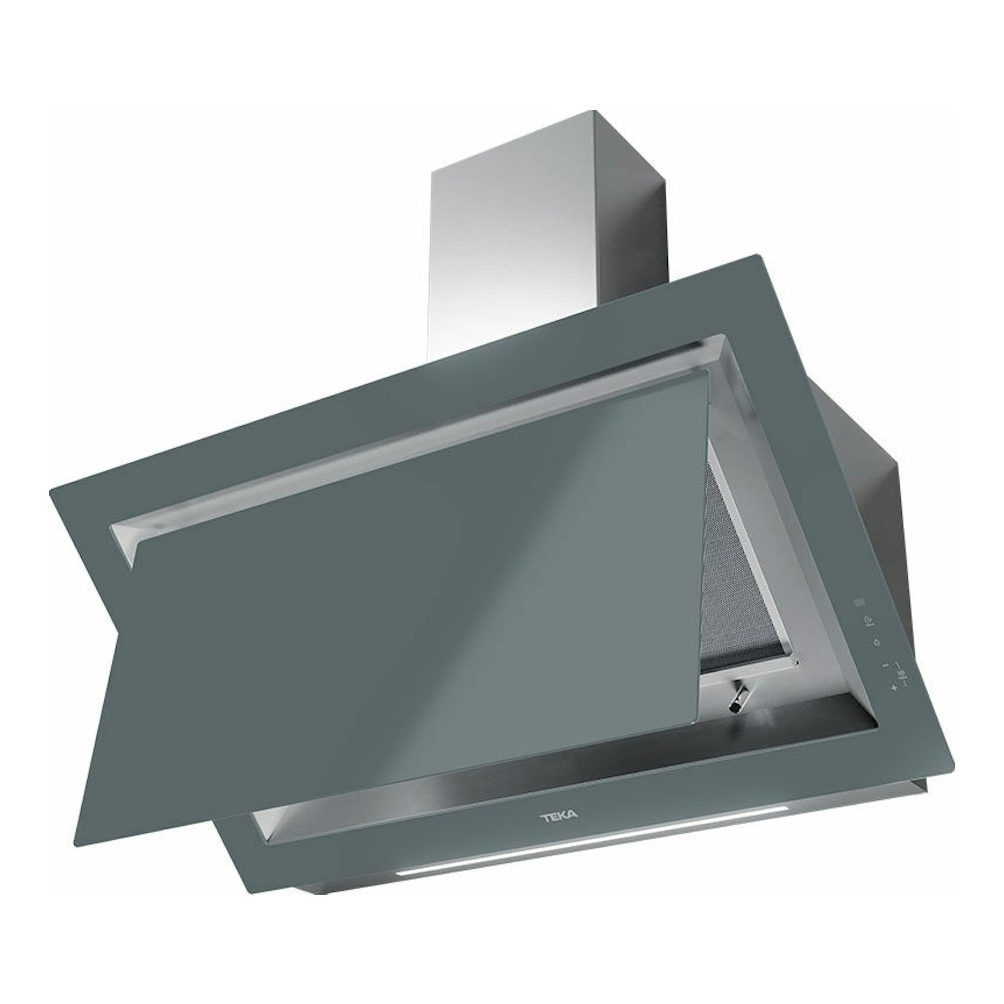 Campana decorativa Teka DLV98660TOS Stone Grey, gris, vista en ángulo con chimenea metálica.