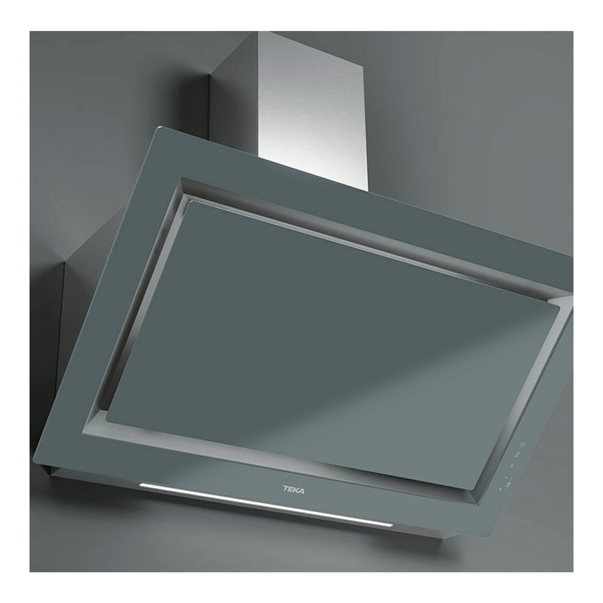 Campana decorativa Teka DLV98660TOS Stone Grey, vista frontal inclinada, en color gris.