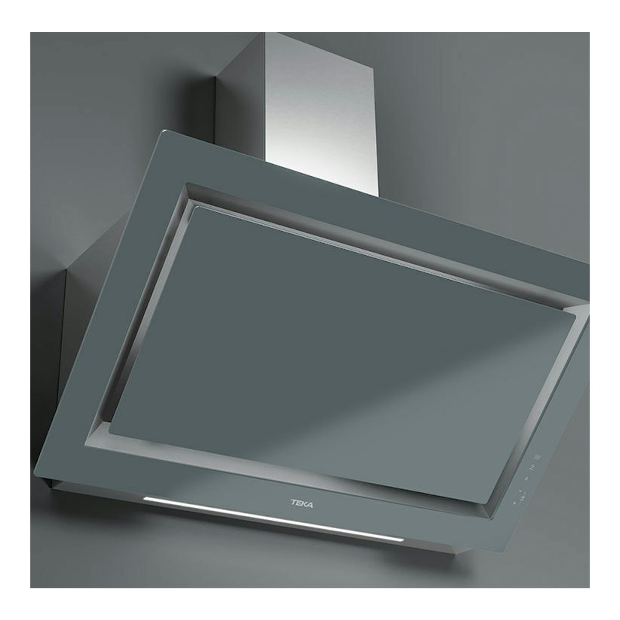 Campana decorativa Teka DLV98660TOS Stone Grey, vista frontal inclinada, en color gris.