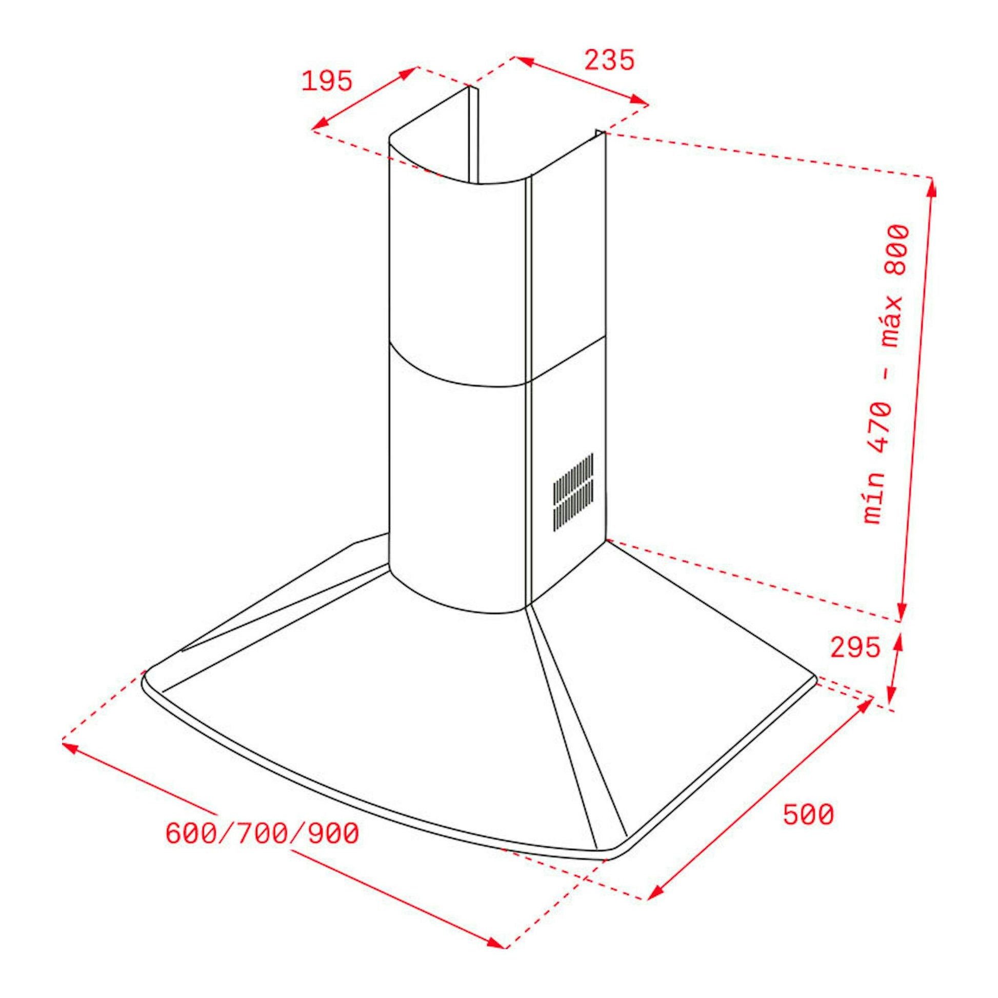 Campana decorativa Teka DM 675 blanco, dibujo técnico en vista 3/4 con medidas en rojo.