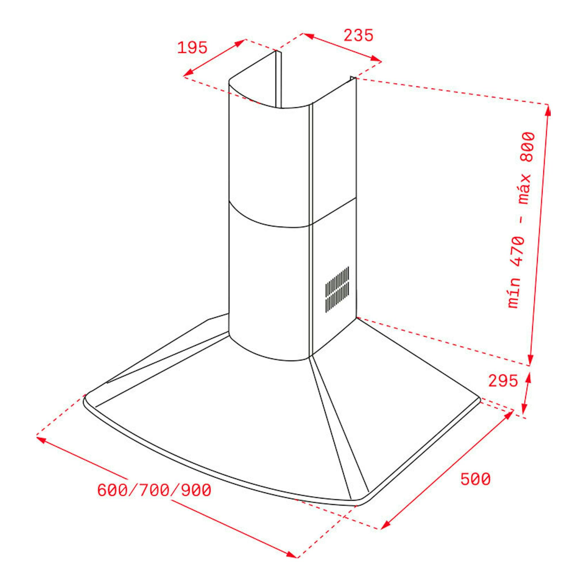 Campana decorativa Teka DM 675 blanco, dibujo técnico en vista 3/4 con medidas en rojo.