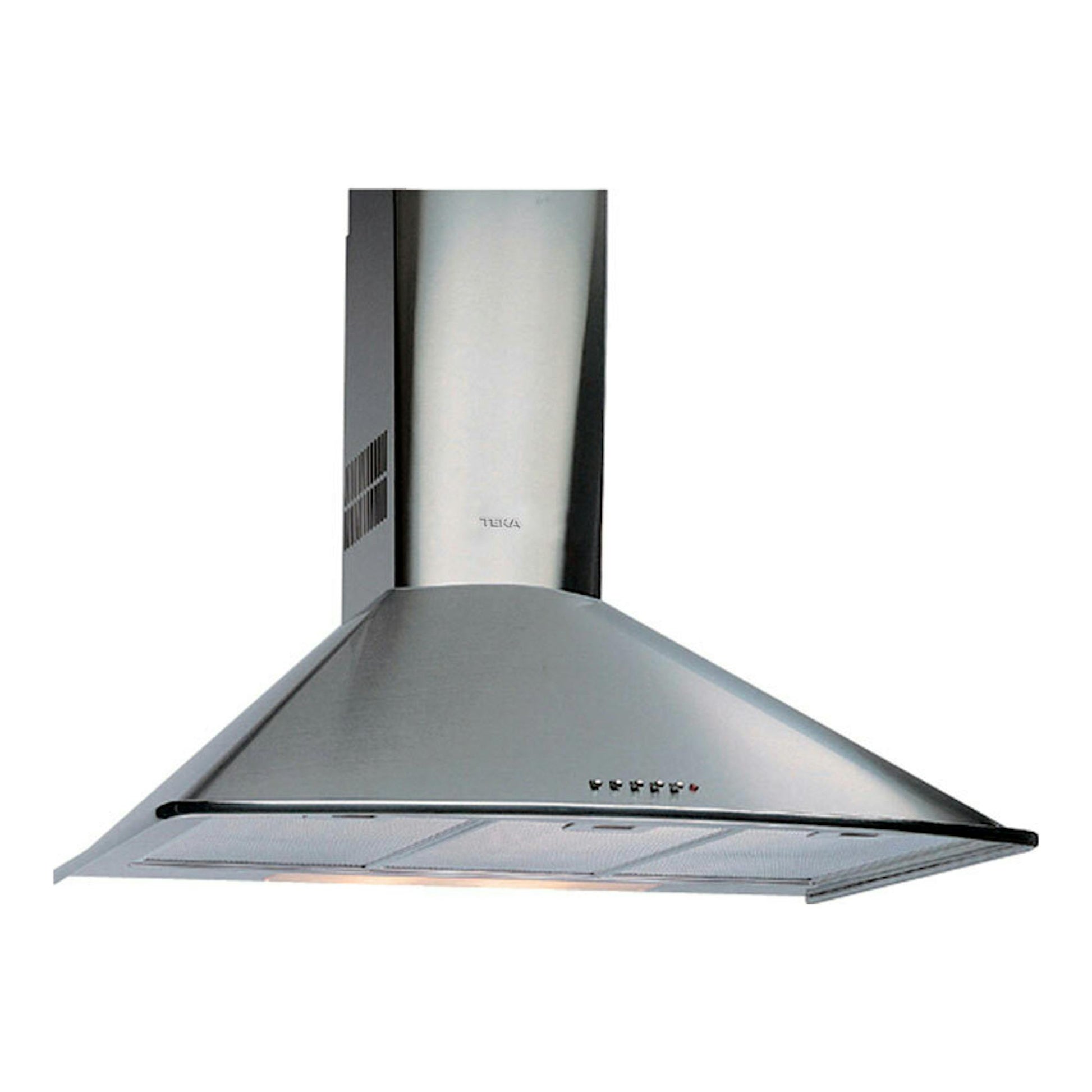 Campana decorativa Teka DM 675 Inox, vista frontal inclinada, acabado en acero inoxidable.