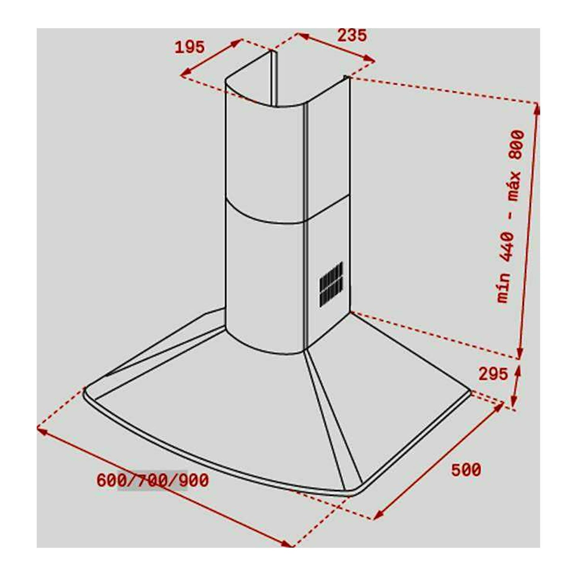 Dibujo técnico de la campana decorativa Teka DM 975 blanca, en perspectiva, con medidas.